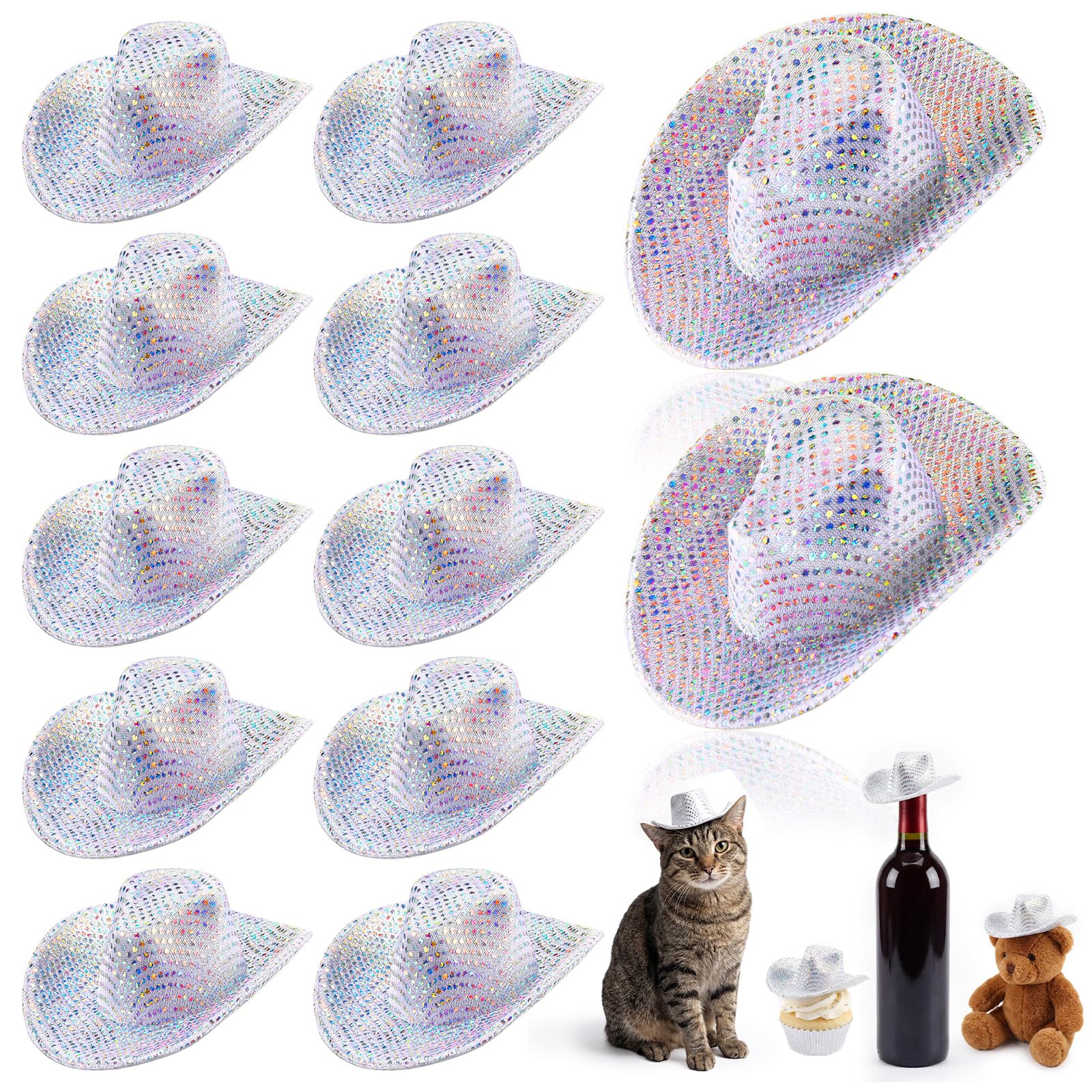 Sotiff Mini Disco Cowboy Hat Tiny Light up Holographic Space Cowgirl Hat Neon Party Decor for Party Doll, 12 Pcs