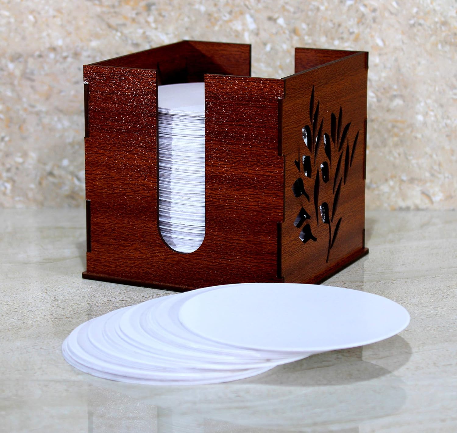 eSplanade Disposable Paper Coasters with Wooden Stand - Use and Throw Reversible Round Paper Coasters - Set of 500 - White