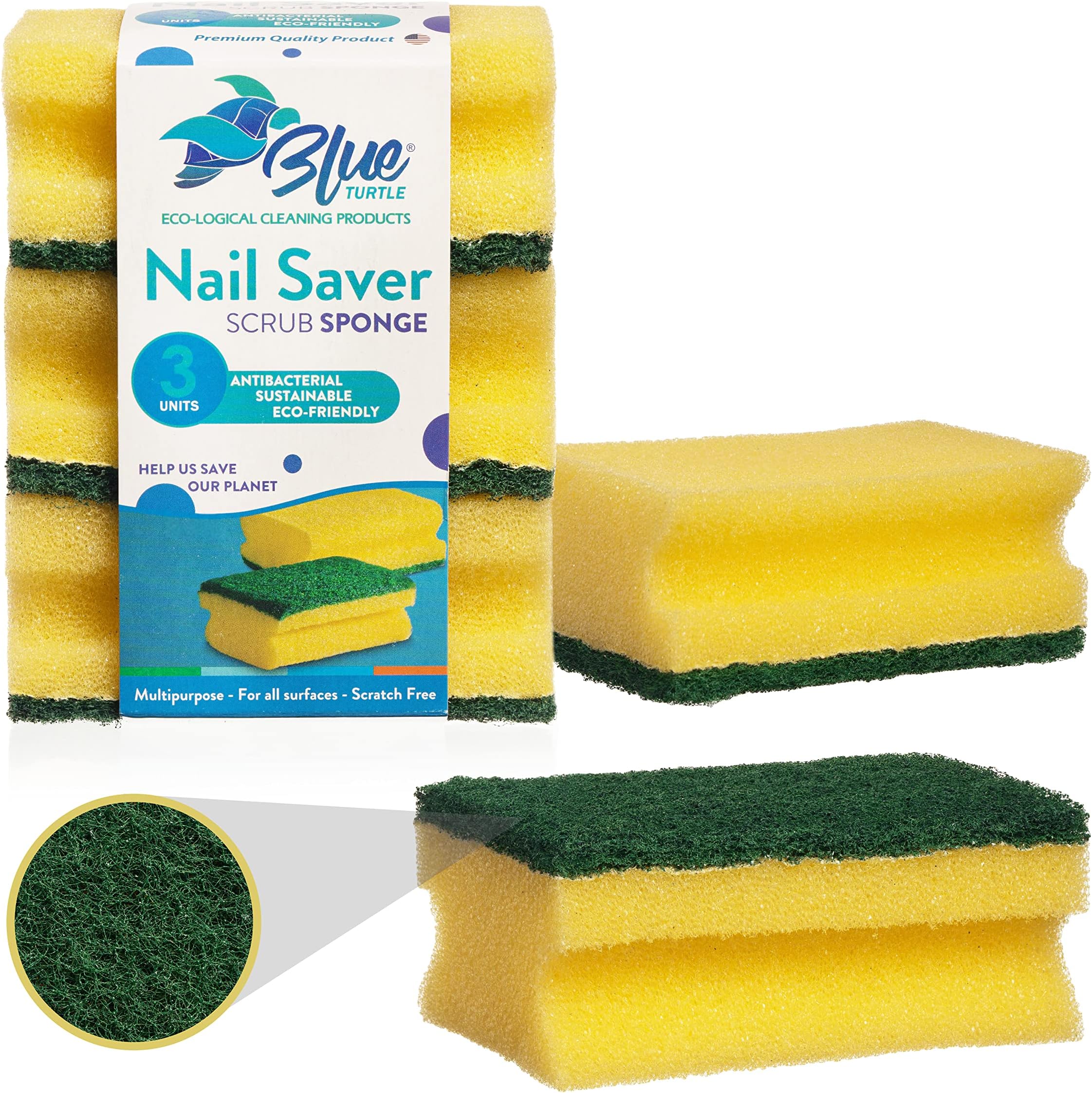 Blue Turtle Sponges for Dishes – 3 Pack Multipurpose Kitchen Sponges – Premium Multifunction Scrub Sponge Protects Nails and Fingers – Odor Resistant Sponges for Cleaning Stains, Grease (Yellow)