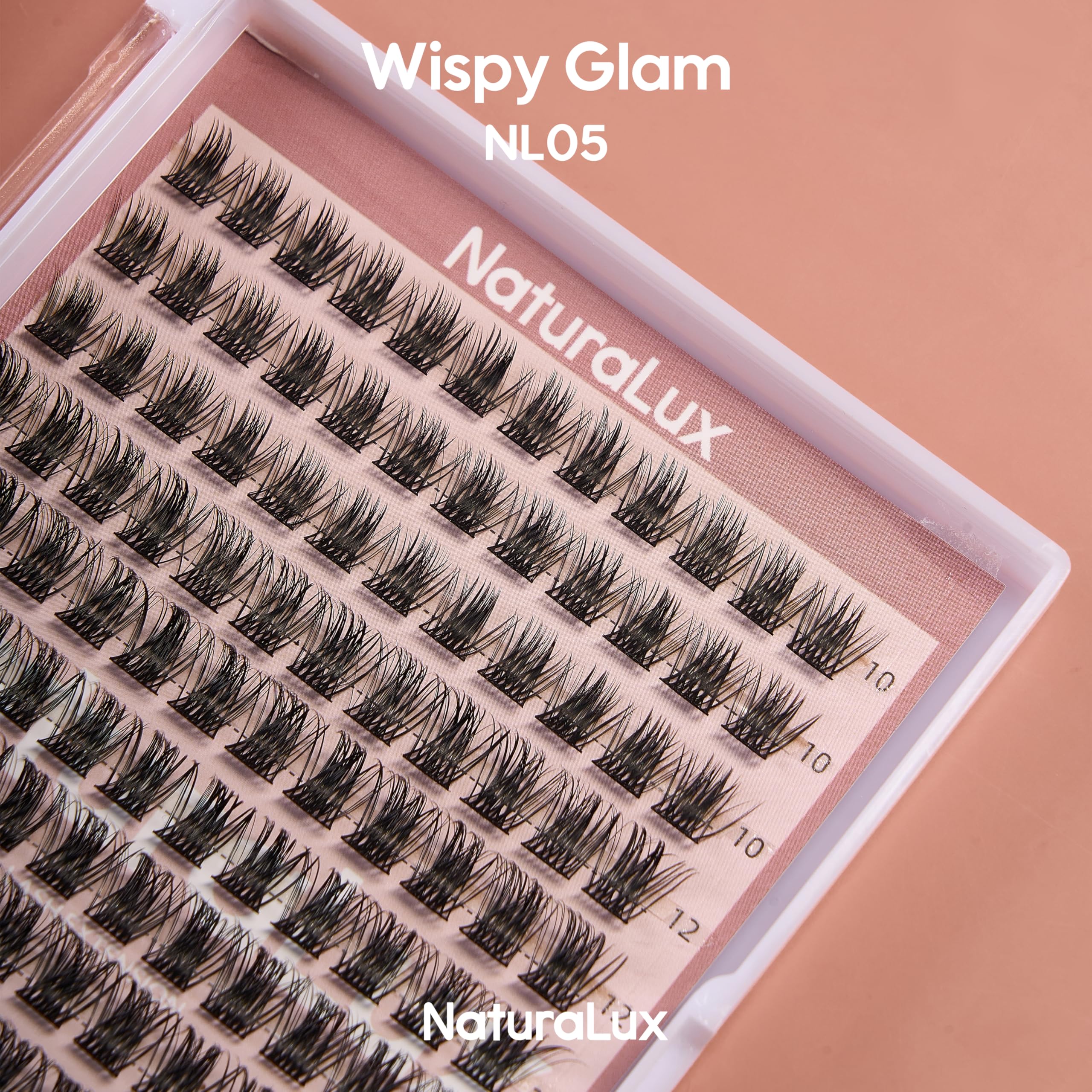 NATURALUX Wispy Glam Mixed Lash NL05; 10 mm, 12 mm, 14 mm, 16 mm; 144 całkowita liczba; sztuczne rzęsy, pojedyncze rzęsy, przedłużanie rzęs, klastry rzęs, D curl