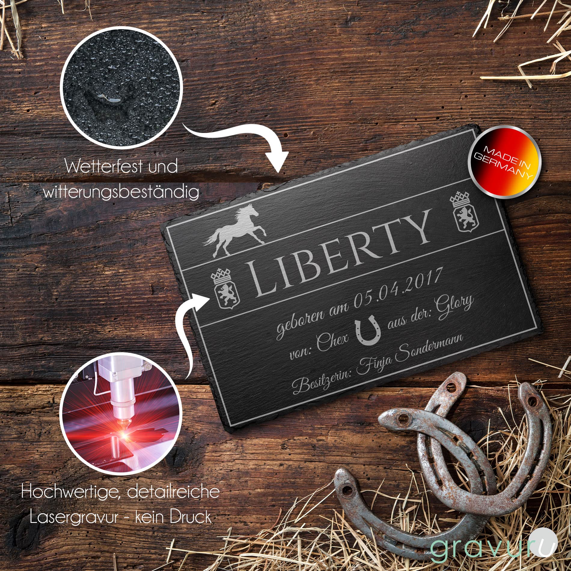 CHRISCK design Witterungsbeständiges Boxenschild aus Natur Schiefer | mit individueller Gravur mit Namen und Abstammung | 30x20 cm | wahlweise Selbstklebend oder mit Bohrlöchern (D18)