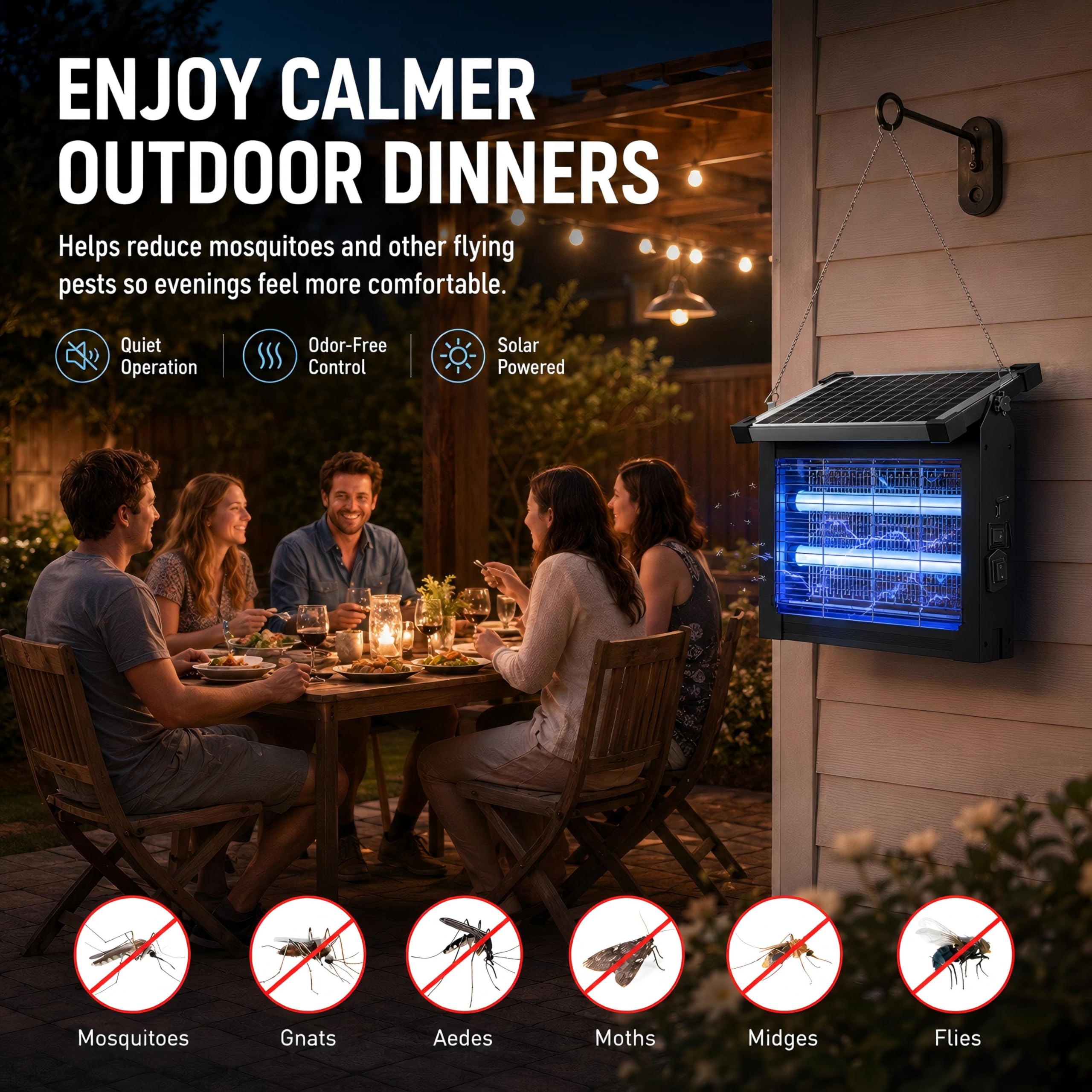 Matamoscas solar para exteriores, 4500 V, matamoscas para exteriores, con panel solar ajustable de 10 W, impermeable, recargable, portátil, trampa eléctrica para moscas para patio, jardín, patio
