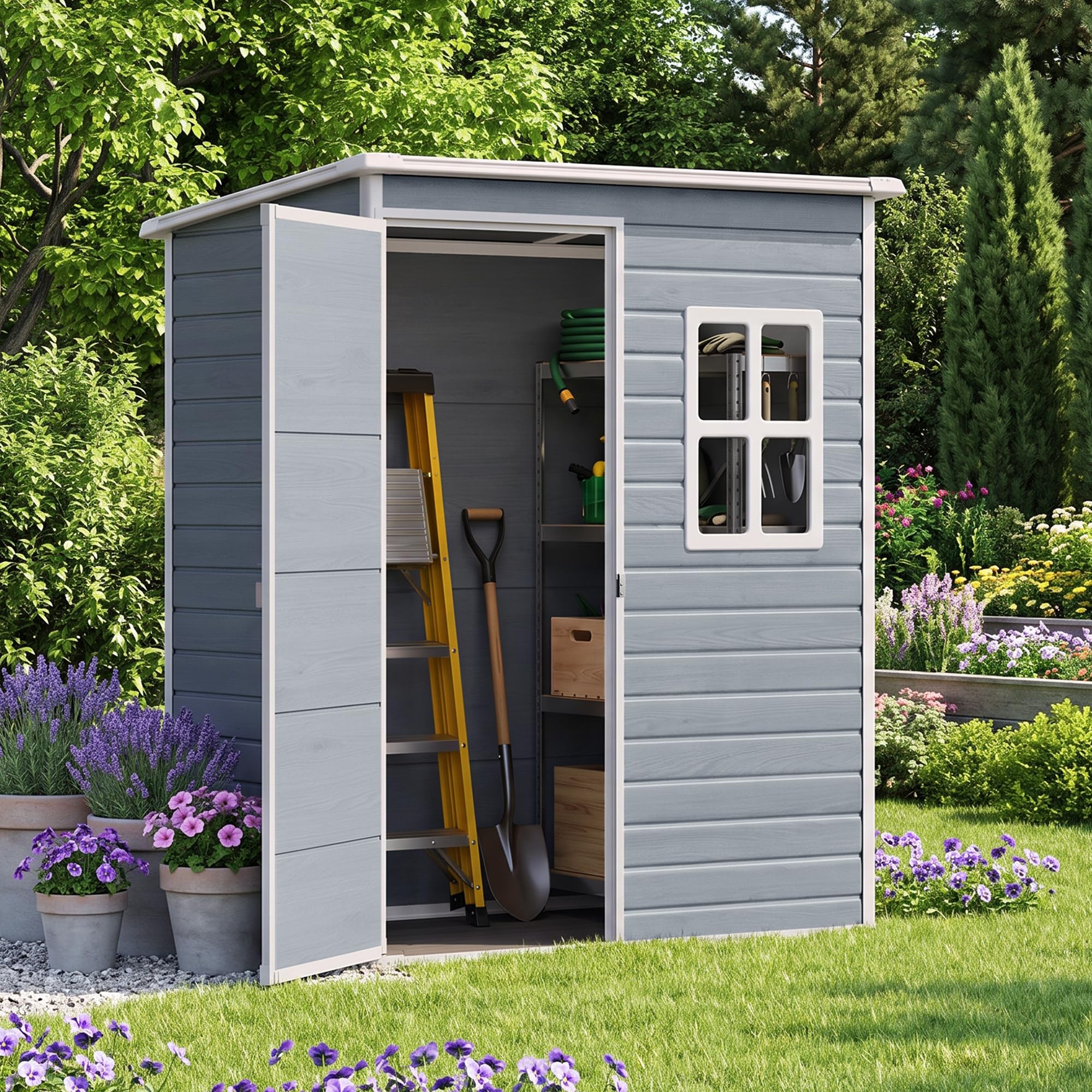 Casetta da Giardino in Resina,Capanno Porta Attrezzi Intemperie con 1 finestra, 1 porta 156×104×186 cm,Grigio