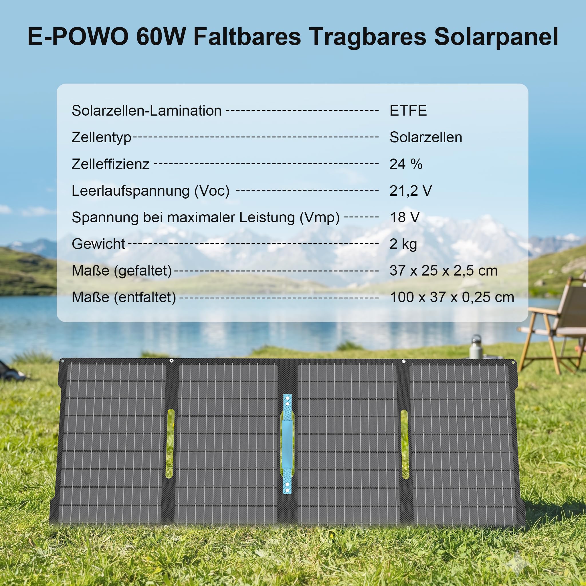 60W Solarpanel, tragbares Solarpanel mit USB-C-, USB-A- und DC-Ausgängen, faltbares ETFE Solarpanel Ladegerät für iPhone, iPad, Powerbank, Camping, Wandern, kleine Generatoren