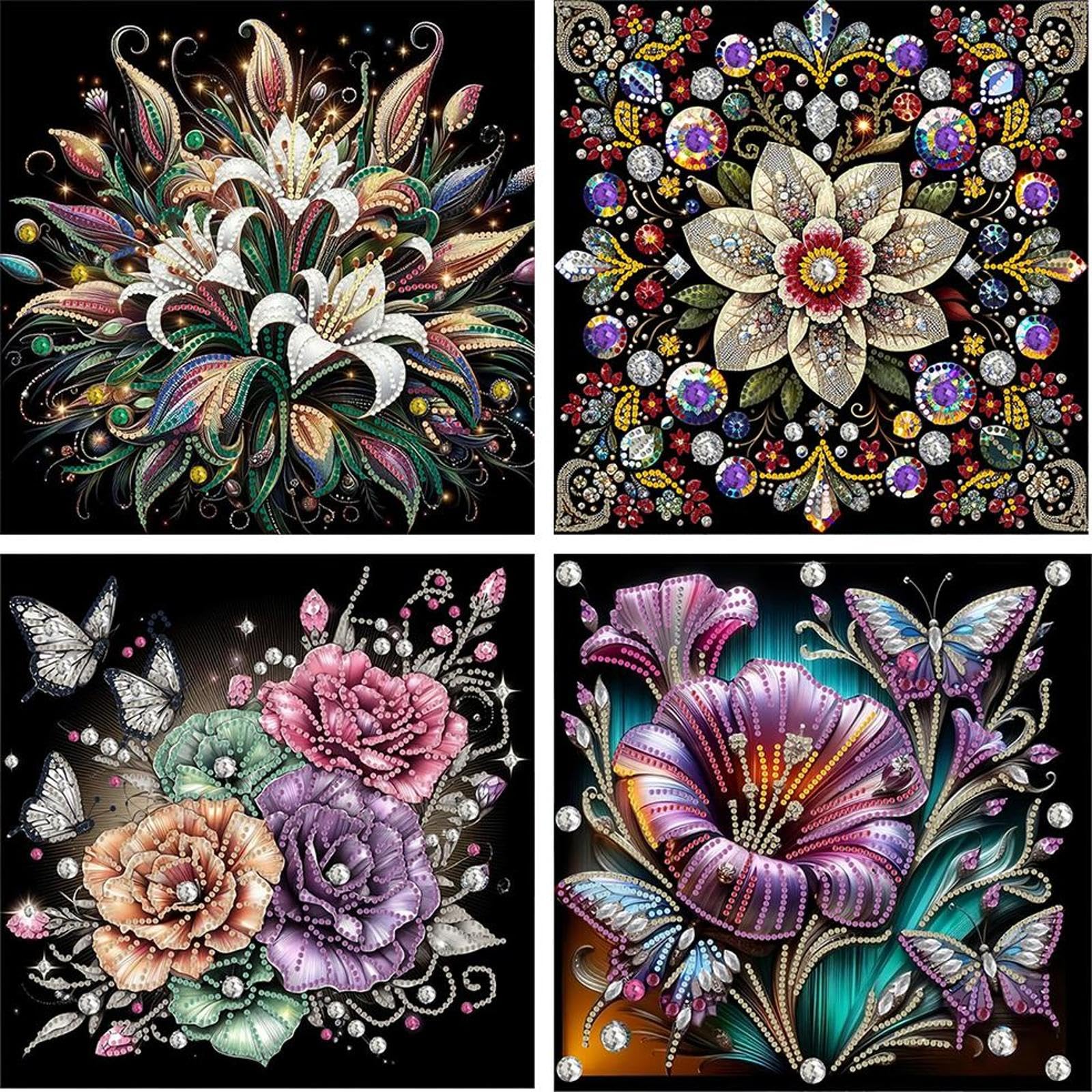 4pcs 5D Special Shape Butterfly Flower Diamond Art Painting Kits for Adults, DIY Crystal Rhinestone Gem Art Craft for Beginners, Diamond Mosaic Kit, Home Wall Decor Gift 11.8X11.8inch