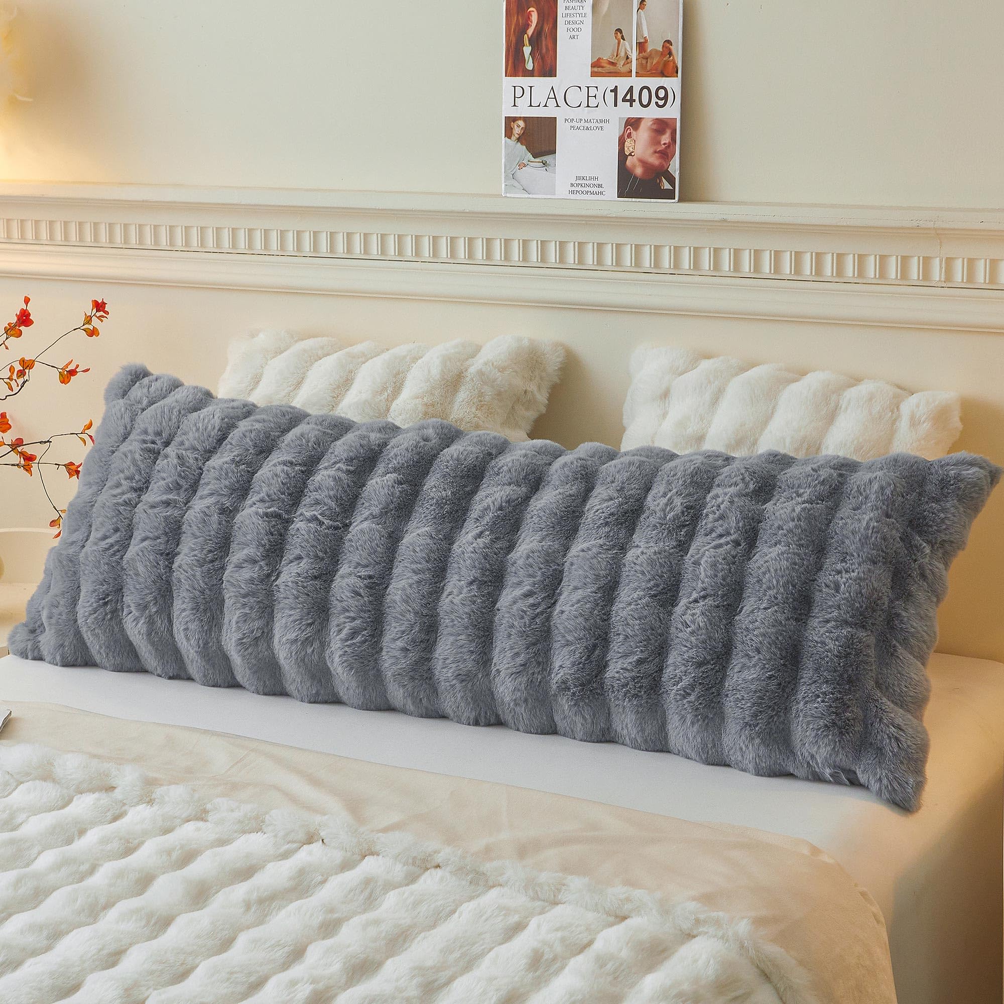 LIFEREVO Fluffy Faux Rabbit Fur Long Bolster Pillowcase, Soft Cozy Plush Body Pillow Cover with Zipper, Fuzzy Furry Waffle Bubble Long Bed Pillowcase for Pregnancy Women Side Sleeper, 4.6ft, Grey