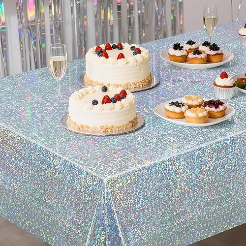 Miniatura 5 de Paquete de 2 manteles iridiscentes plateados, manteles rectangulares de plástico desechables brillantes de 54 x 108 pulgadas, mantel holográfico de