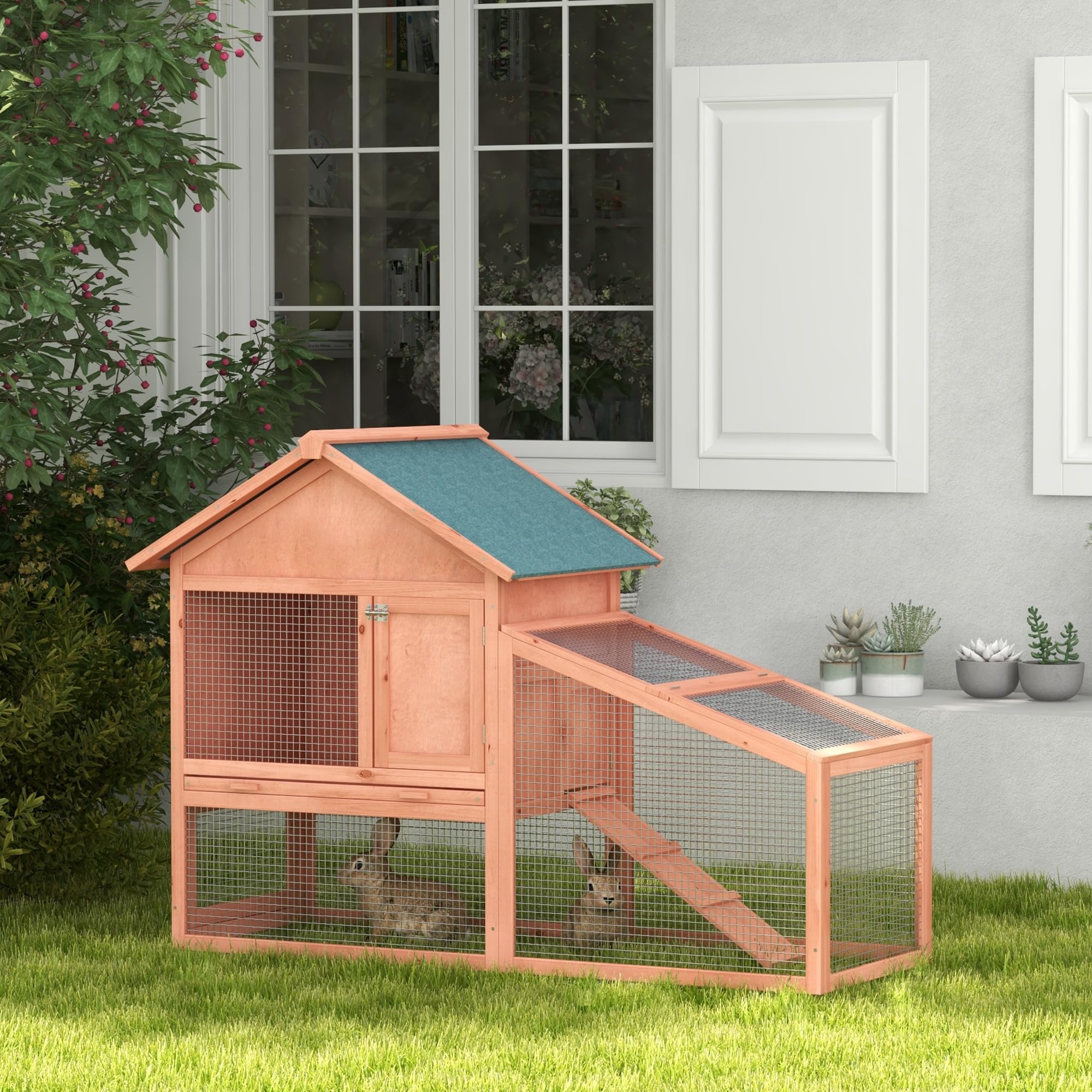 PawHut Conejera de Exterior Hecha de Madera Jaula para Conejos Dos Niveles con Techo Puerta y Ventana Bandeja Extraíble y Lavable Alta Comodidad Gran Espacio 144x64.5x100cm
