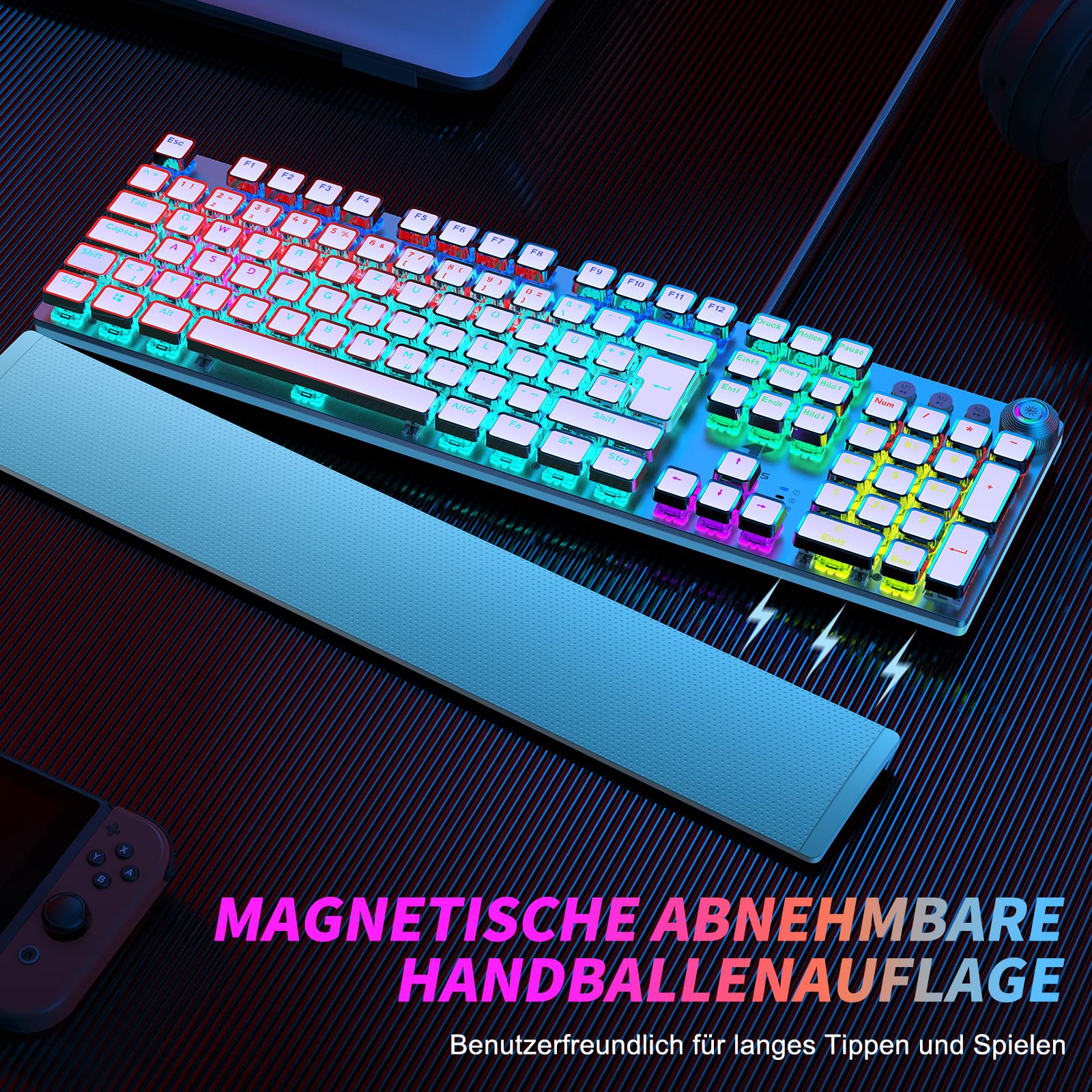 TECURS Tastiera meccanica da gioco, programmabile, con poggiapolsi magnetico, interruttore rosso, 19 modalità LED, tasti multimediali, PC con cavo, layout QWERTZ DE, bianco