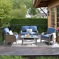 HOOOWOOO 4-Piece All-Weather Wicker Patio Conversation Set: Loveseat, High-Back Chairs & Table in Denim Blue