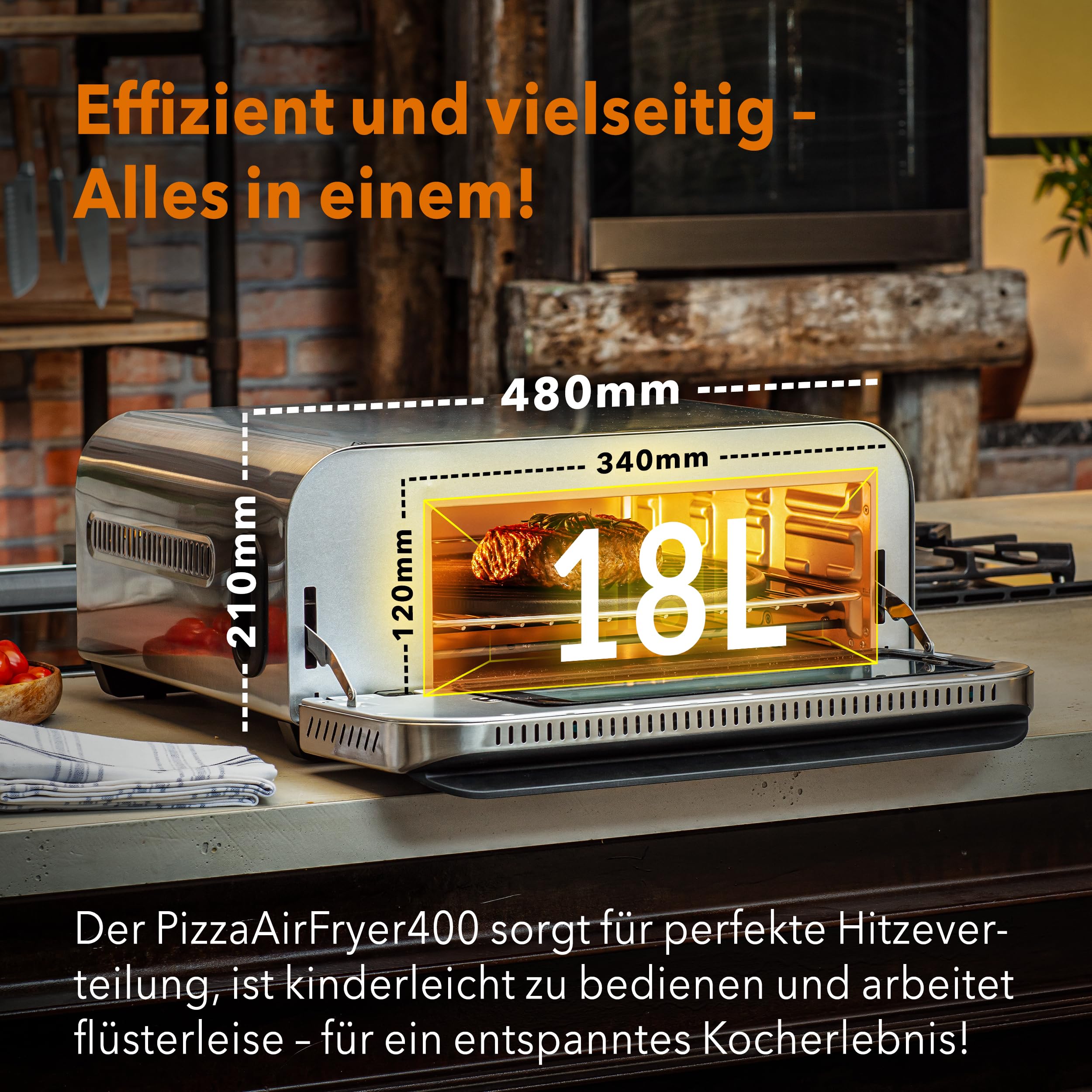 PizzaAirfryer400 silber - 12 in 1 Multifunktionsofen, Pizzaofen, 400 °C, tragbar, Grillen, Pizza, Air Fryer, Backen, XXL Zubehör, Indoor, Steinofenplatte, Gusseisenblech