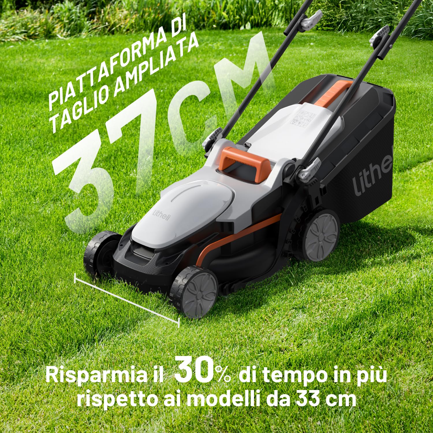 Litheli Tagliaerba Tosaerba a Batteria 37cm, Brushless, Altezza Regolabile 25-75mm, Fino a 300m², Sacco 40L, Tosaerba Elettrico con 2 x 4.0Ah Batterias