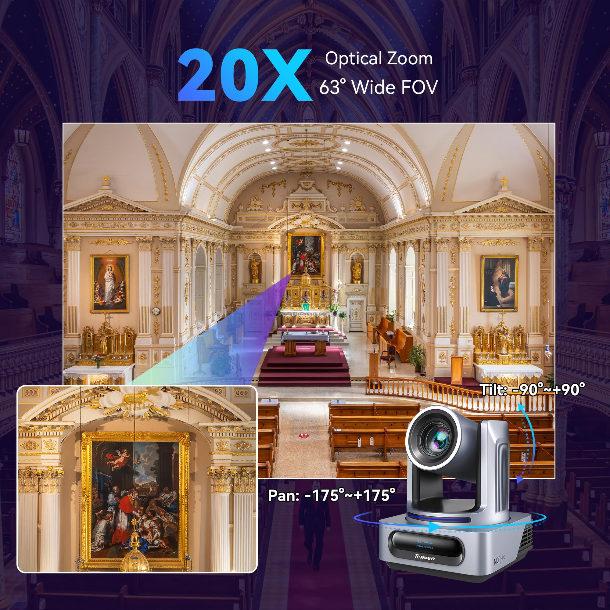 Tenveo Cámara PTZ con NDI, Seguimiento Automático de Rostro y Silueta Humana con IA, Zoom Óptico 20X, Transmisión en Vivo con 3G-SDI/HDMI/USB3.0/LAN(PoE), Luz Tally y Pantalla IP