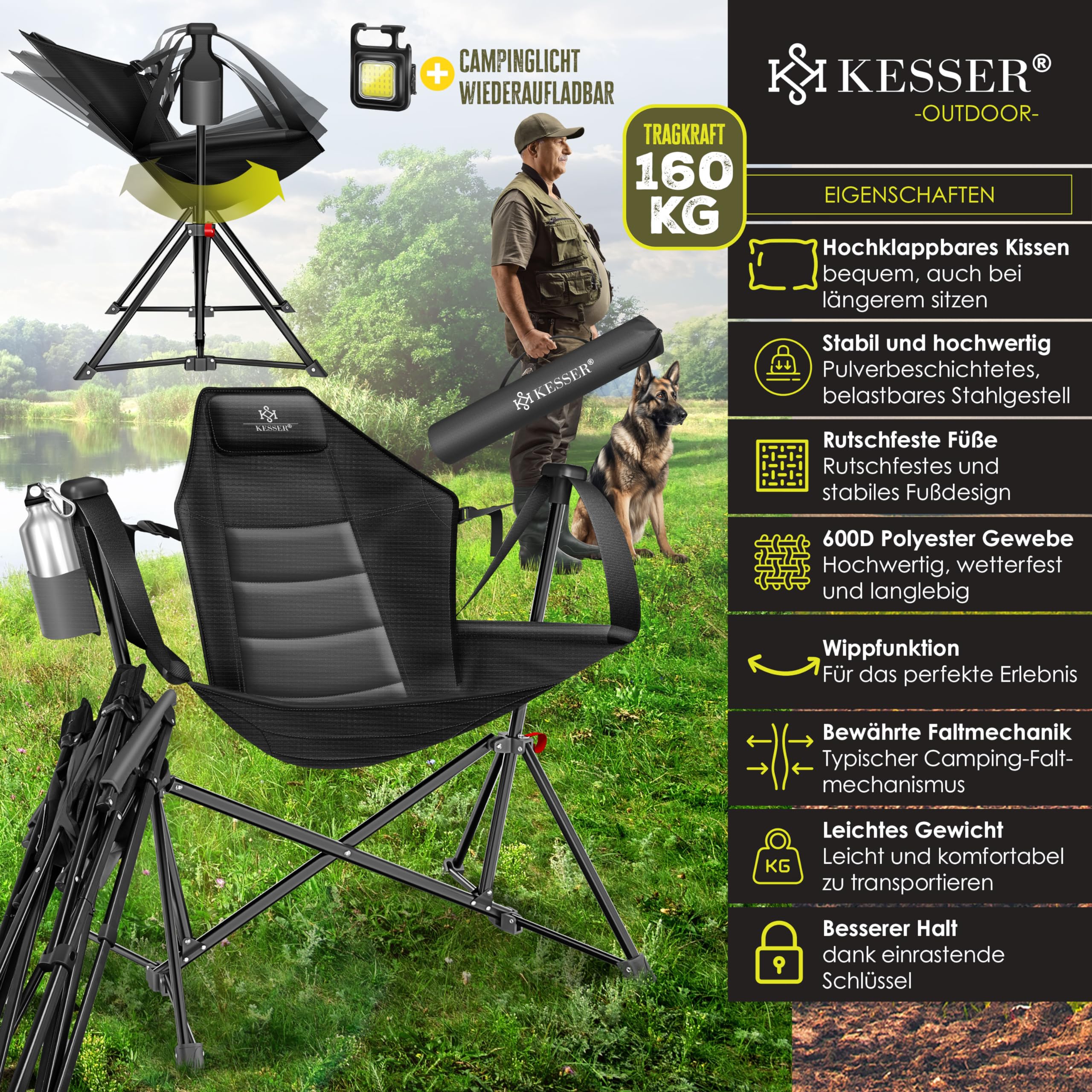 KESSER® Chaise De Camping 2 En 1, Jusqu'à 160 Kg, Extra Large, Lumière De Camping Et Porte-Gobelet Sac De Rangement Et Sac De Transport, Réglable, Pliable, Gris/Noir