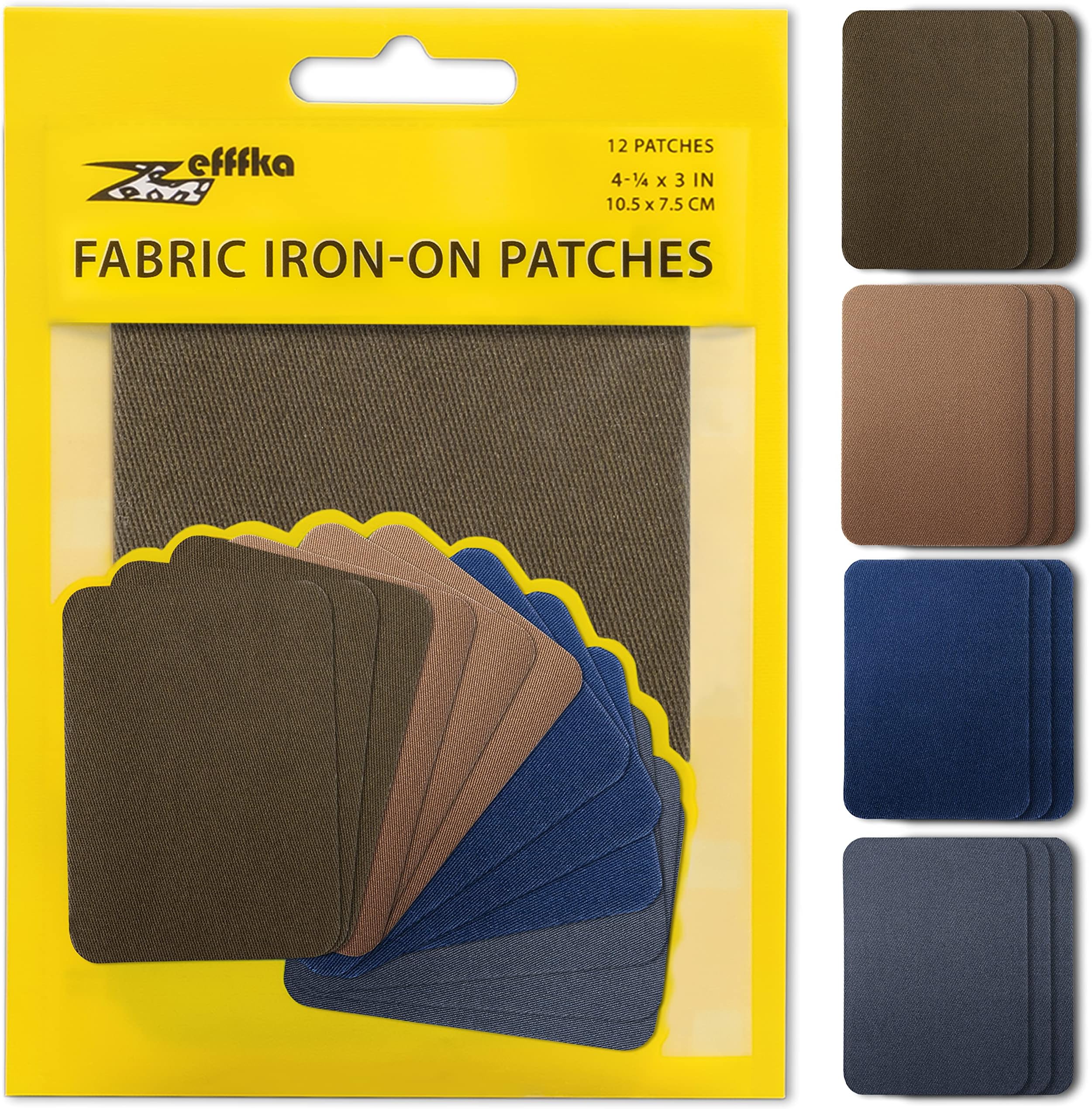 ZEFFFKA Premium Quality Fabric Iron-on Patches Inside & Outside Strongest Glue 100% Cotton Deep Blue Khaki Gray Brown Repair Decorating Kit 12 Pieces Size 3" by 4-1/4" (7.5 cm x 10.5 cm)