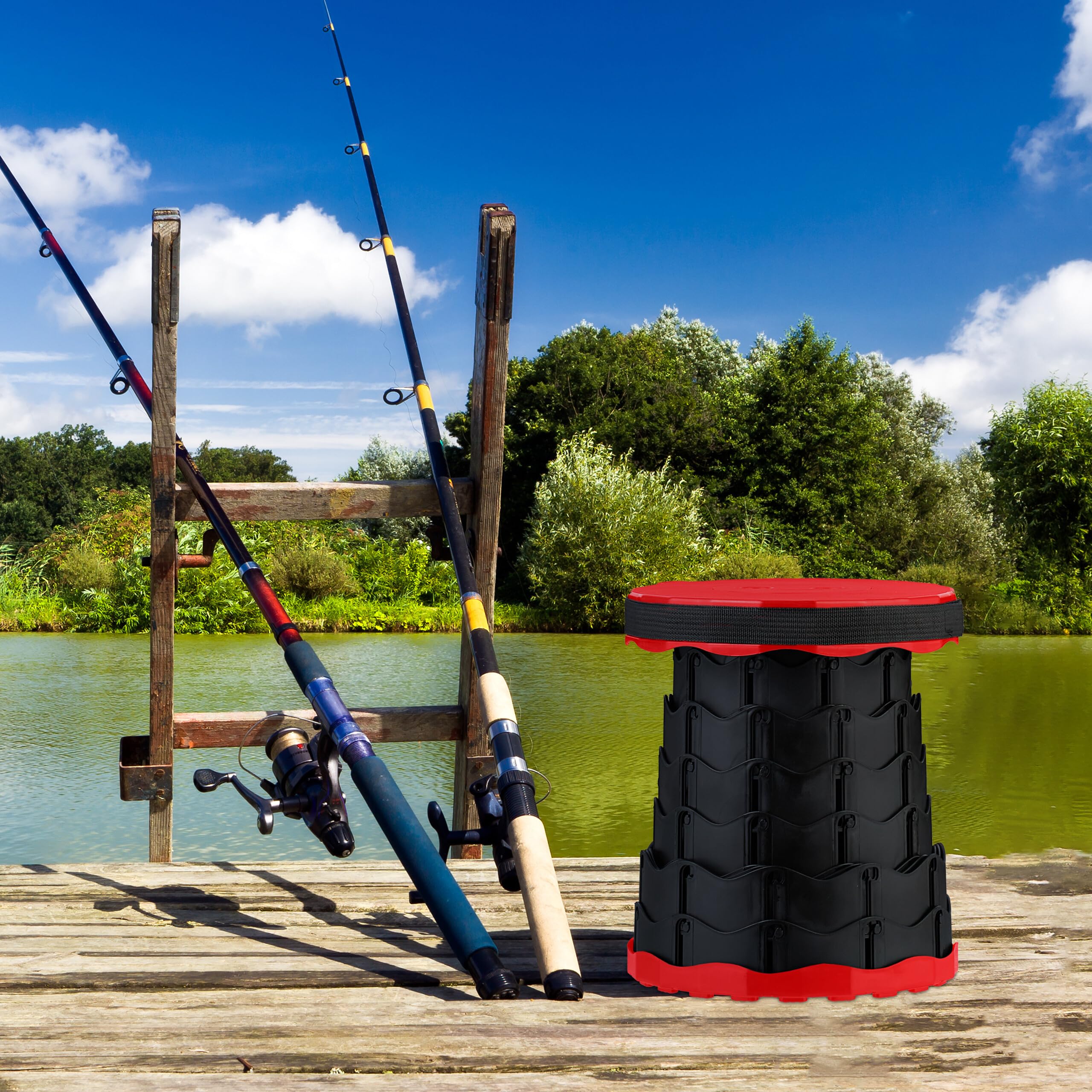 Relaxdays Sgabello Pieghevole Portatile, HLP 44,5 x 25 x 25 cm, Sedia da Campeggio Regolabile in Altezza, Nero Rosso