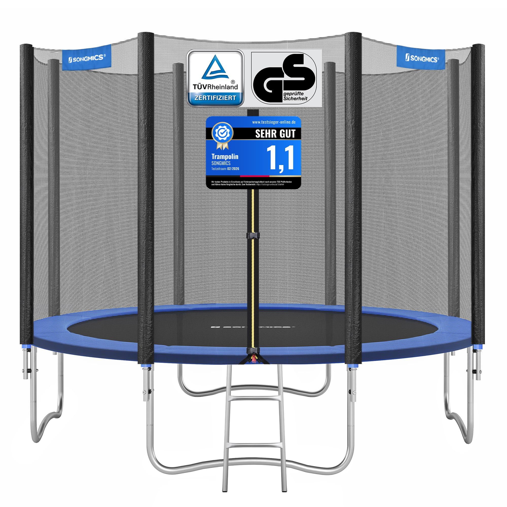 SONGMICS Trampolin Ø 305 cm, Gartentrampolin für Kinder mit Sicherheitsnetz, Randabdeckung, Leiter, 180 cm hohe gerade Stangen, Stahlrahmen, TÜV Rheinland GS-Zertifikat, blau STR10FT