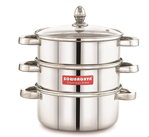 Image of Sowbaghya Stainless Steel 3-Tier Induction Bottom Steamer /Modak & Momo Maker with Glass Lid | Heavy Gauge | Double-Riveted Stainless Steel Handles
