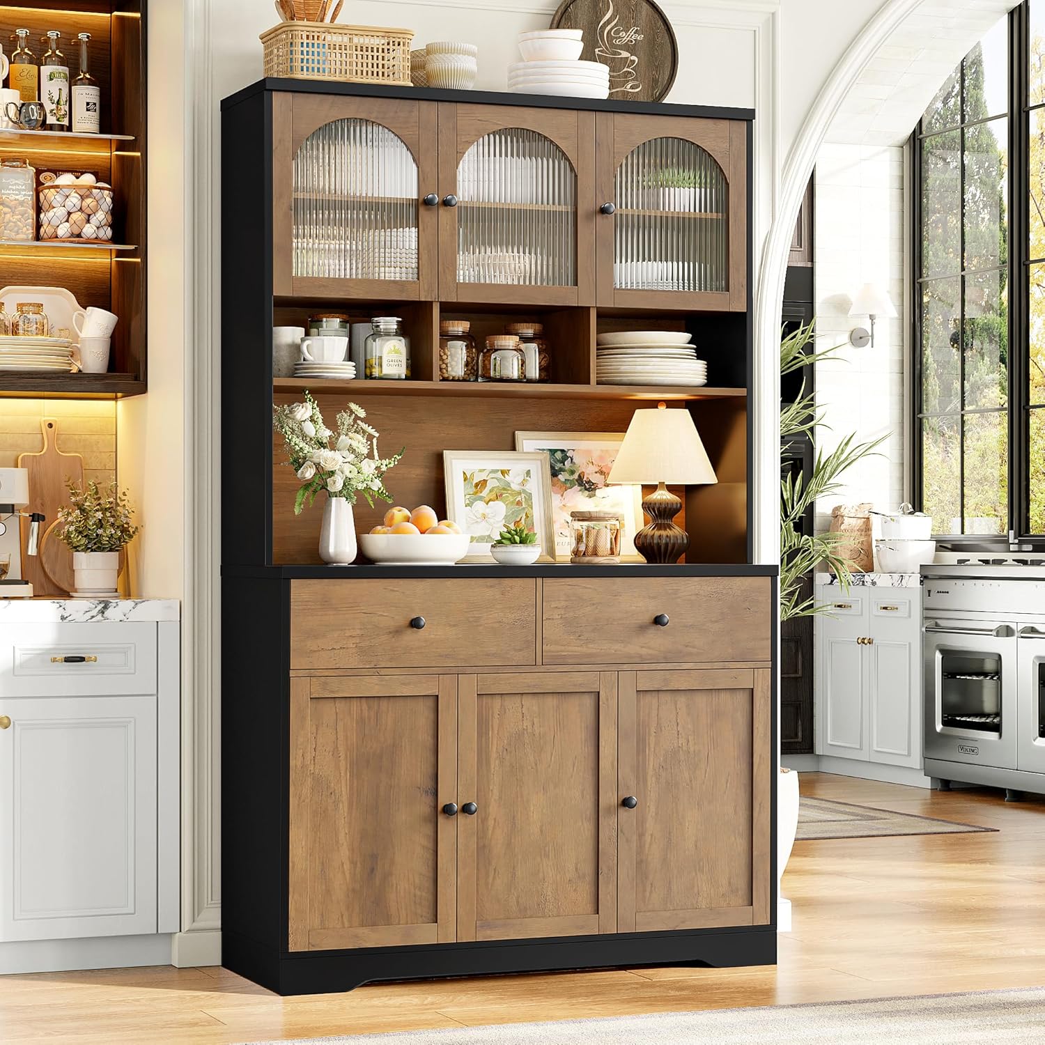 FINETONES 71" Pantry Cabinet, Tall Kitchen Pantry Storage Cabinet with Microwave Stand, Modern Kitchen Hutch Food Pantry with Open Countertop and Adjustable Shelf for Dining Room