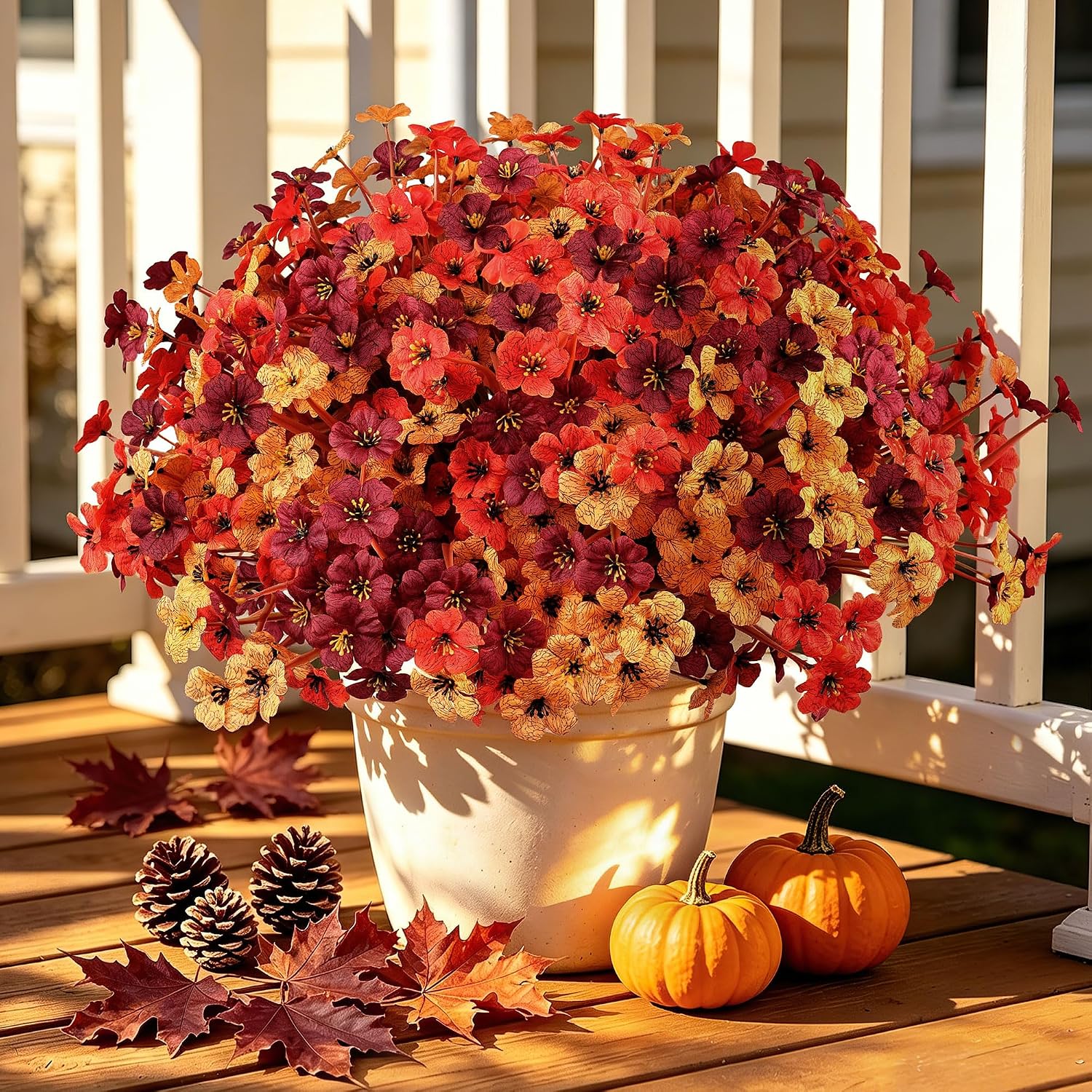 24 Bundles Fall Artificial Flowers for Outdoors Decors, Faux Mums Plants Fake Silk Flora, UV Resistant Realistic Faux Plants Greenery for Outside Farmhouse Porch Patio Window Box Planter Fall Decor