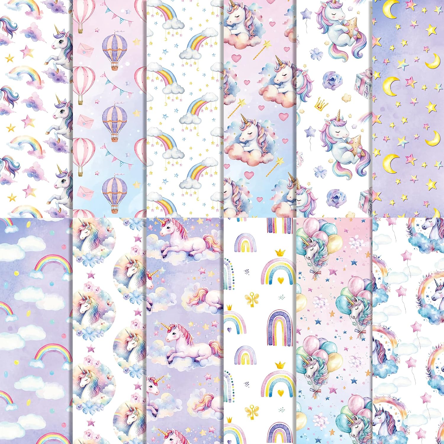 24 PCS Unicorn Scrapbook Paper Pad, Hot Air Balloon Rainbow Pattern Double Sided Decorative Paper for DIY Handmade Art Card Making, Scrapbook Album Decoration, Party Decor Supplies