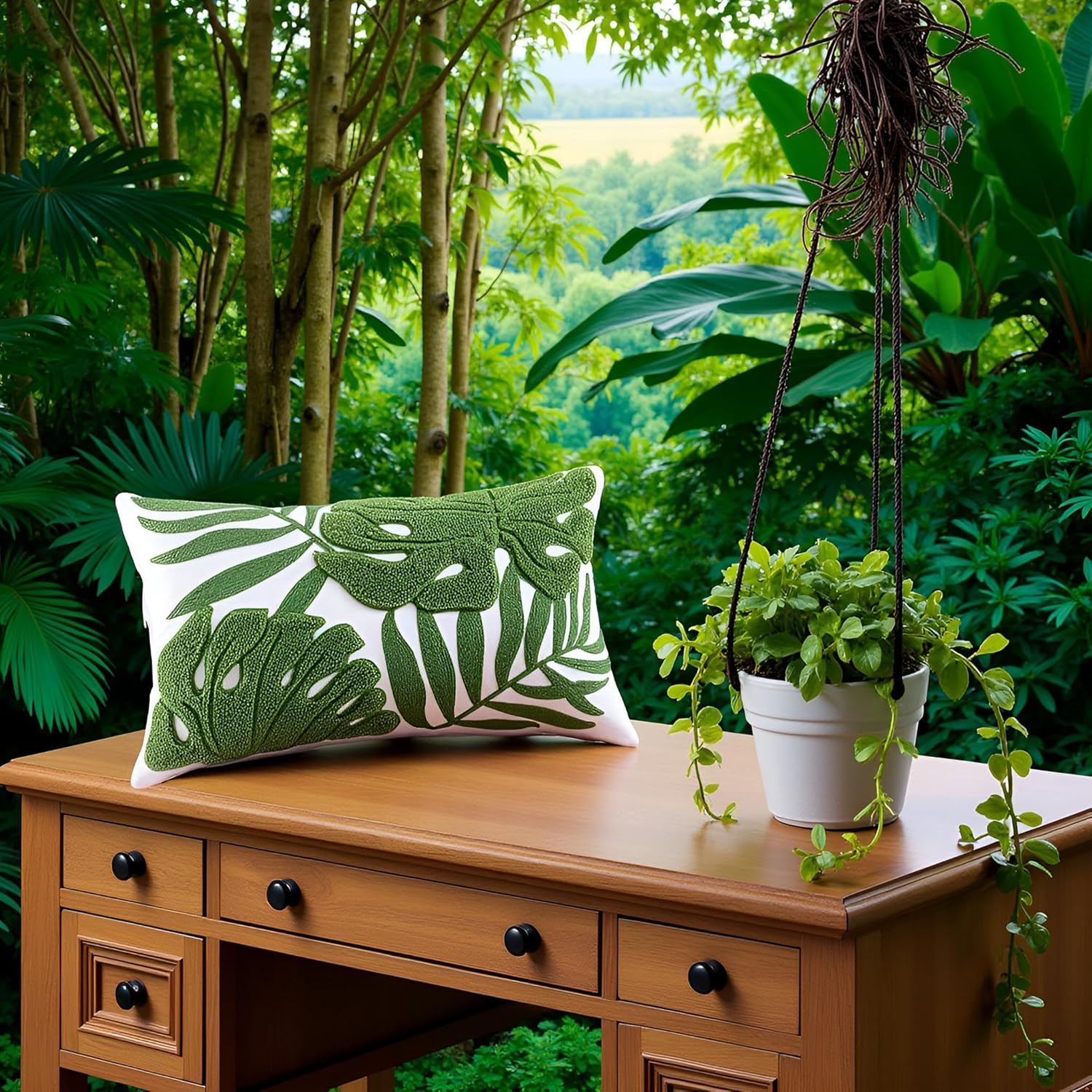 Tosleo Green Tropical Leaf Embroidered Throw Pillow Covers 12x20 Inch Set of 2 Monstera Palm Leaves Couch Lumbar Pillowcases Botanical Plant Tufted Cushion Case Spring Summer Home Decor - Image 6