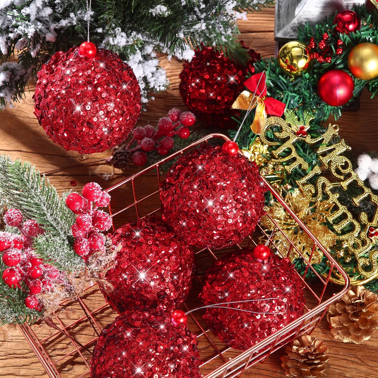 Threan 6 Pcs 3.93'' Red Christmas Ball Ornaments Large Glitter Christmas Ball Ornament Sequin Foam Hanging Decorations for Xmas Wedding Party Holiday Decor