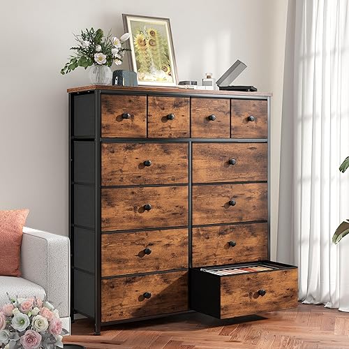 Miniatura 2 de Cómoda alta para dormitorio con 12 cajones, cómoda de tela y cómoda con marco de metal resistente, parte superior de madera, armario