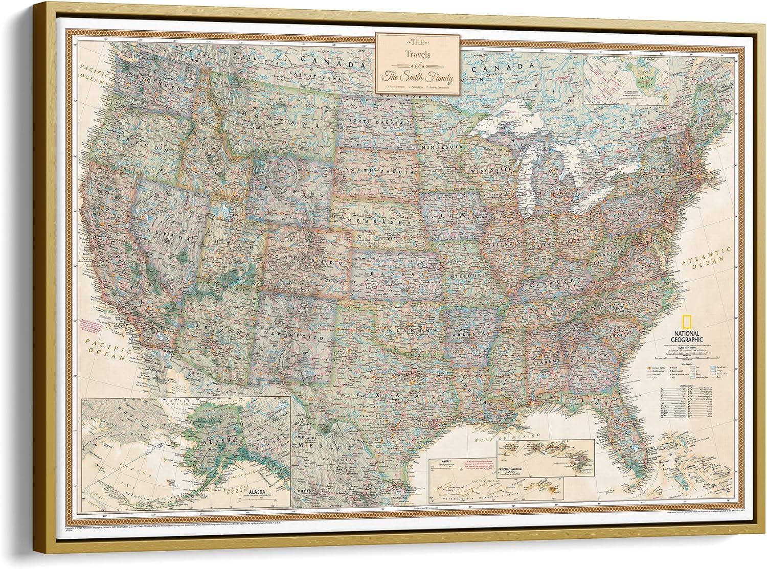 Executive United States Map with Pins – Detailed National Geographic USA Canvas Travel Tracker – Framed Wall Art – Gold Float Frame – 24" x 36"