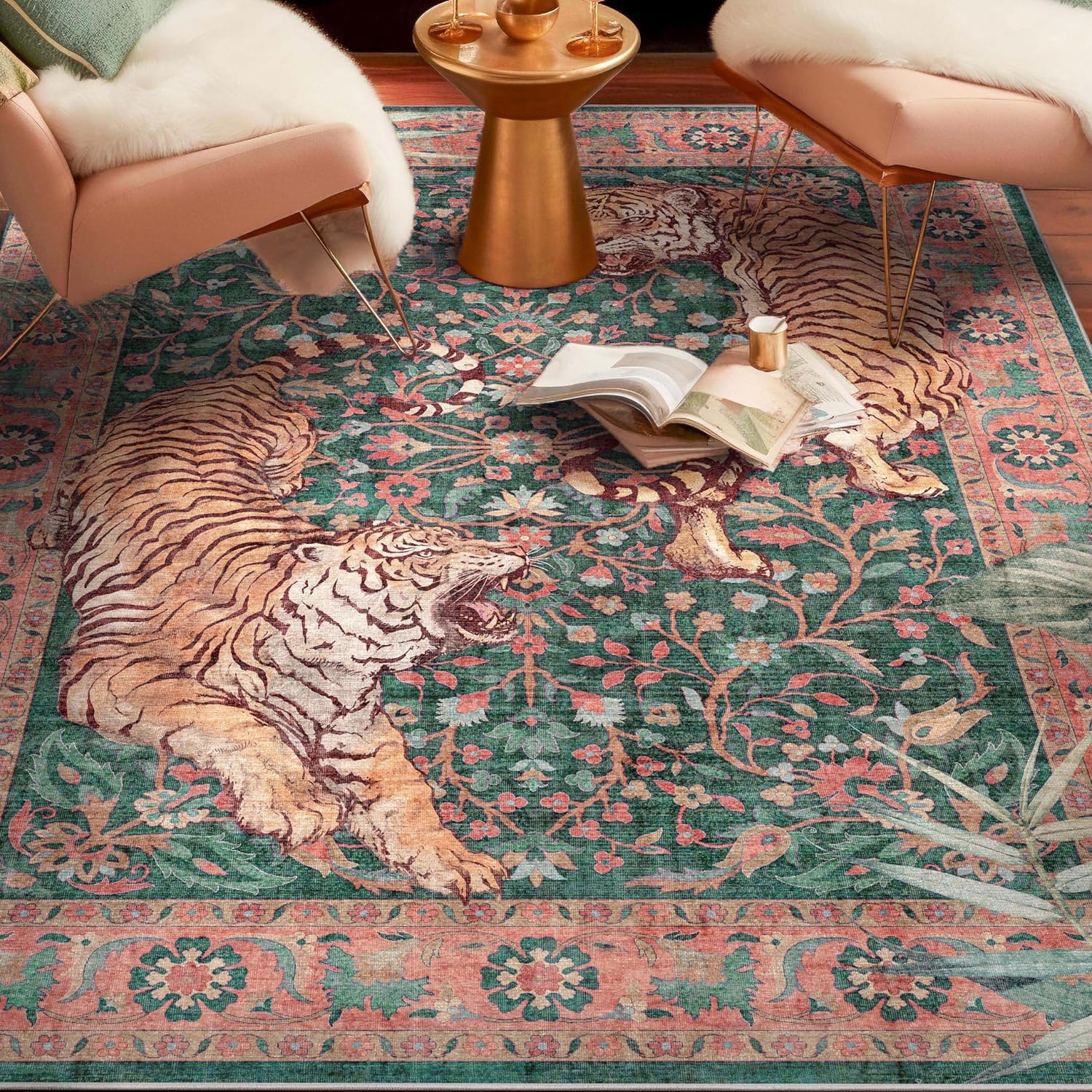 Tapis motifs floraux orientaux vintage vert orange rouge 150 cm