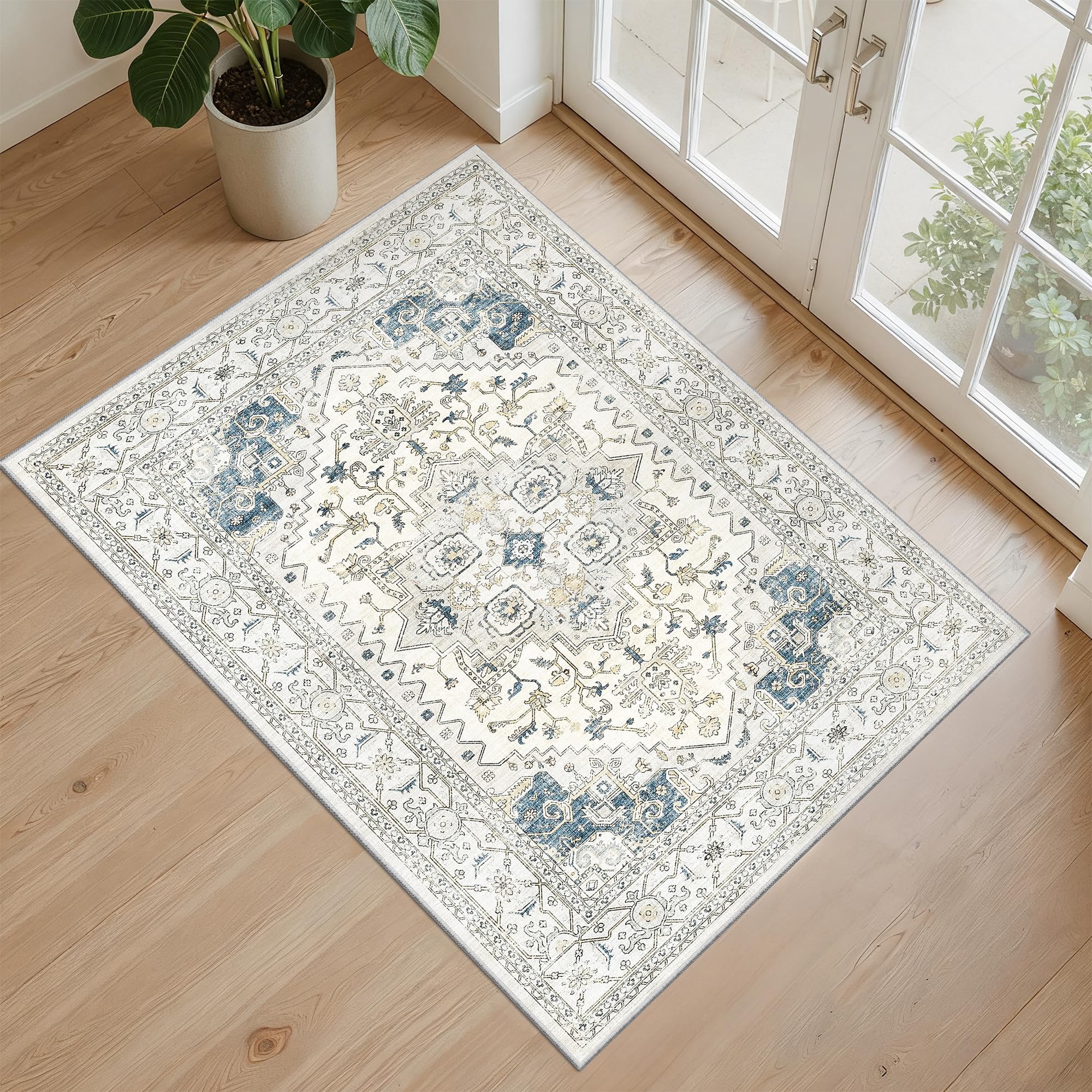 8’10 entryway area rug - neutral washable rugs for dining room kitchen rug vintage soft floor mat non slip indoor farmhouse carpet for bathroom bedroom(beigeblue)