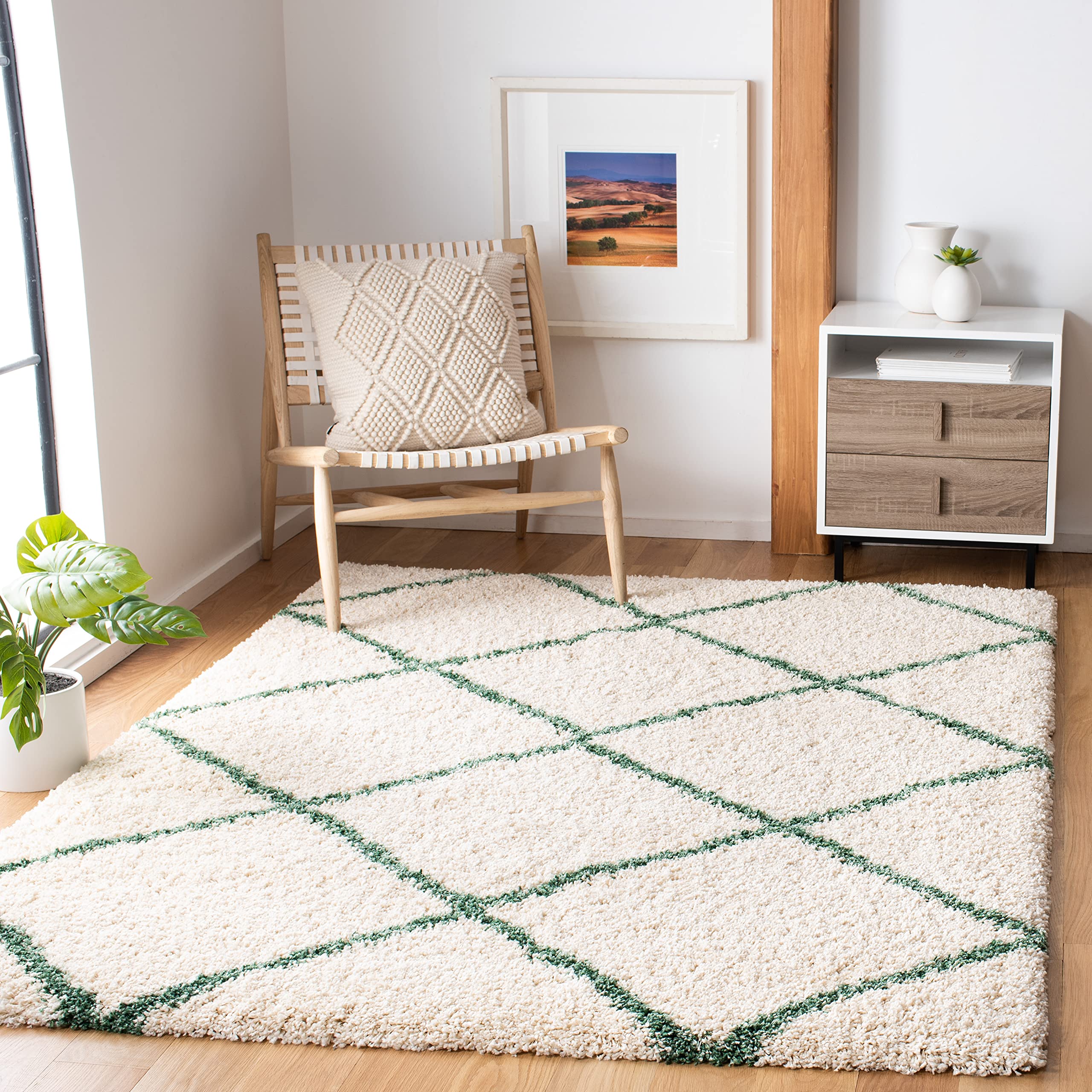 SAFAVIEH Hudson Shag Collection Accent Rug - 4' x 6', Ivory & Green, Modern Trellis Design, Non-Shedding & Easy Care, 2-inch Thick Ideal for High