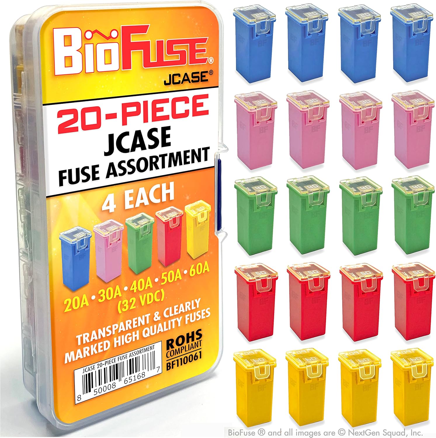 JCASE 20-Piece Cartridge Fuse Assortment 20A 30A 40A 50A 60A (4 Each). Fits Most: Nissan, Toyota, Chrysler, Dodge, Chevy, GM, and Ford