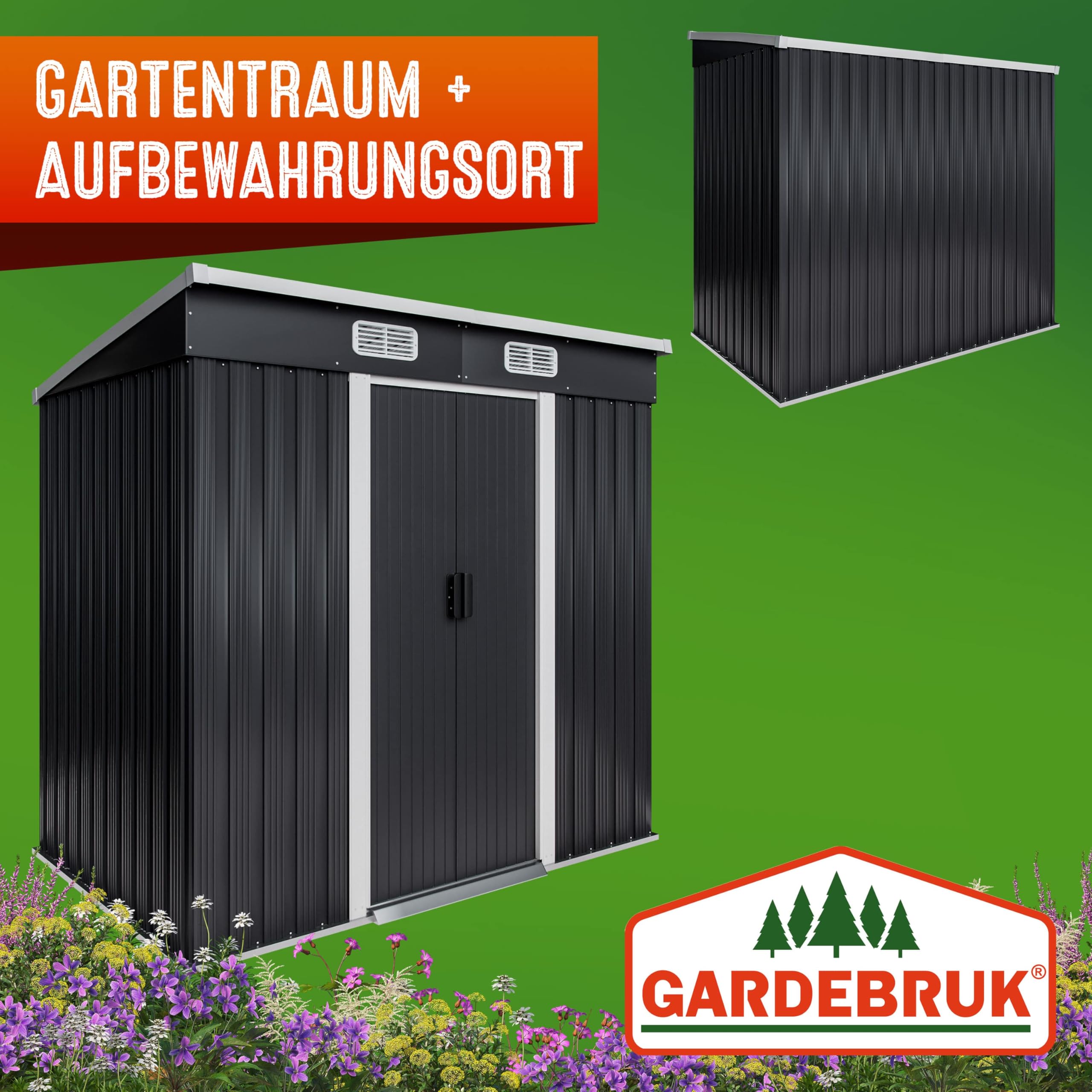 GARDEBRUK® L Metall Gerätehaus 2m² mit Fundament 200x125x180cm Schiebetür Anthrazit Geräteschuppen Gartenhaus 4m³