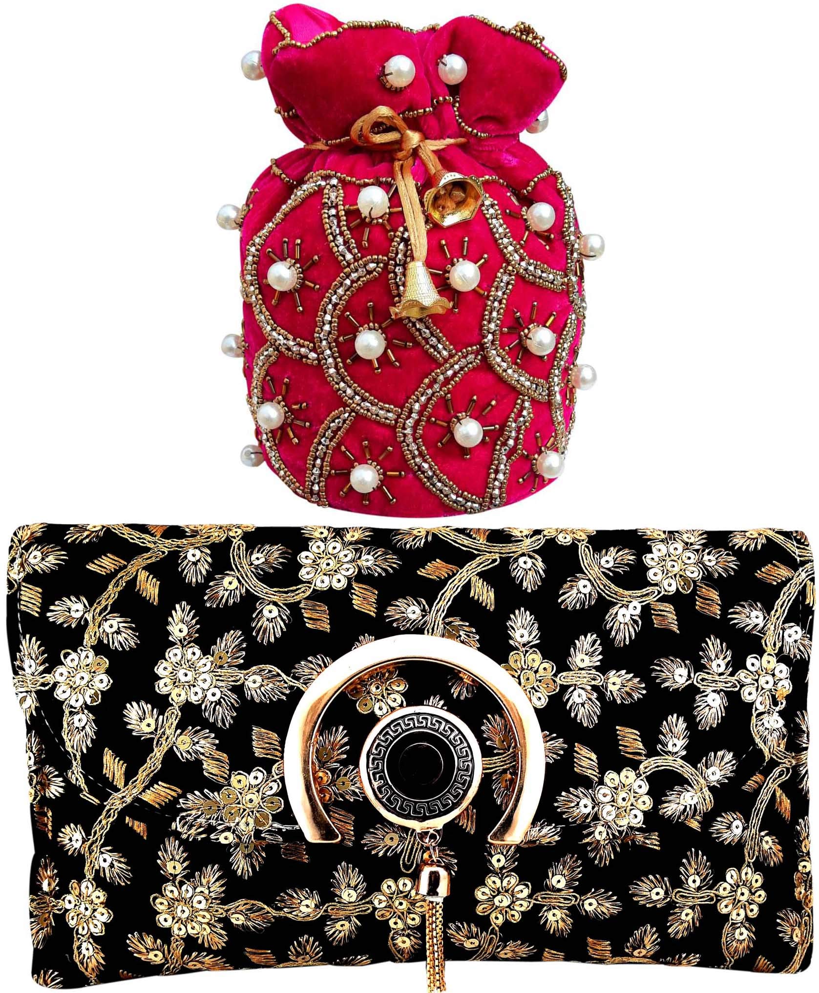 Lookingfab Presents Designer Rajasthani Style Silk Potli Velvet With Bridal Purse Potli Purse Women Handbag Handicrafts Handmade Decorative Pure Silk Jaipuri Clutch Gifting Potlis Royal Clutch, Black-image-39