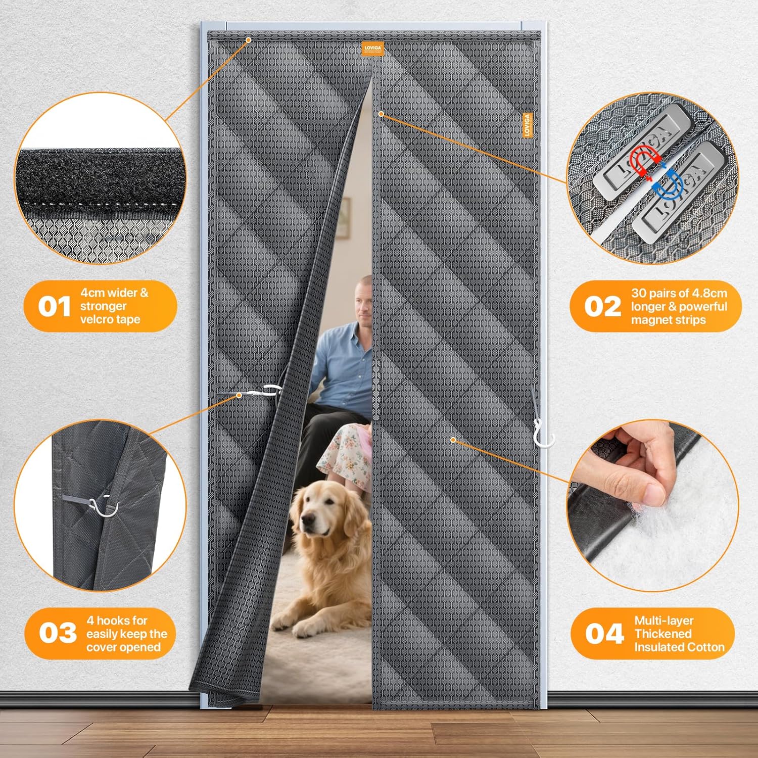 LOVIGA Magnetic Thermal Insulated Door Curtain, Thicken Oxford & Cotton Thermal Door Cover for Winter, Weatherproof, Self Sealing, Keep Cold Out, Fit Doors Size 30 Inch×80 Inch Grey