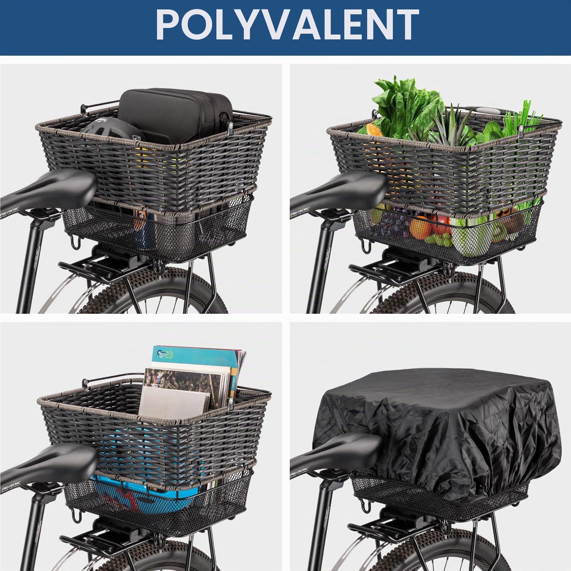 Panier Arrière de Vélo – Panier Arrière Large à Libération Rapide avec Filet de Rangement et Housse Imperméable, Panier Tressé à Grande Capacité