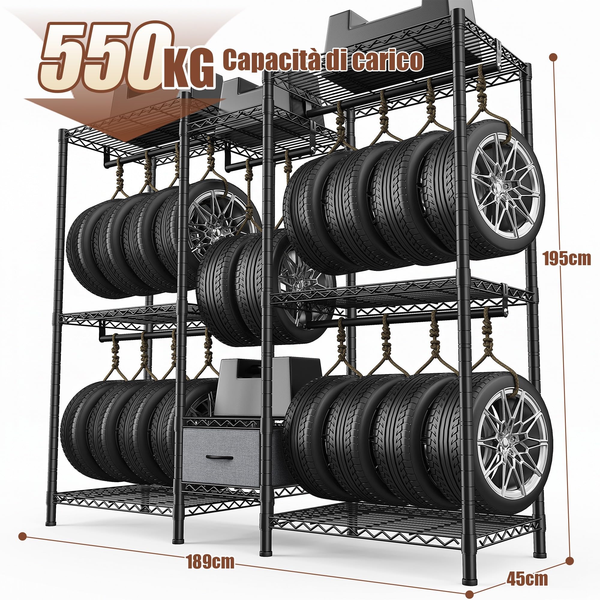 Stand Appendiabiti in Metallo, 550 KG di Capacità, Cabina Armadio con 8 Ripiani Regolabili in Altezza, 5 Aste Appendiabiti e 1 Cassetto, 189x45x194,5 cm, per Camera da Letto e Guardaroba, Nero