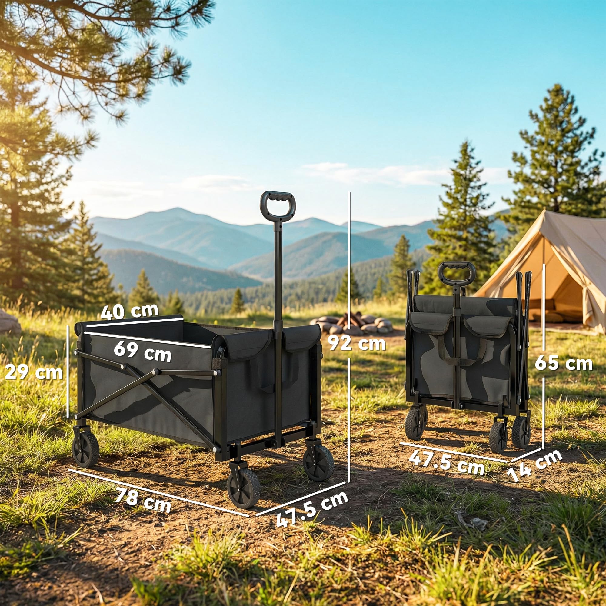 Outsunny Carrello da Giardino da 80L con 4 Ruote Girevoli, Carrello Spiaggia Pieghevole in Metallo e Tessuto Oxford con Maniglia Girevole e Regolabile, per Giardino, Campeggio, 78x47.5x92 cm, Nero