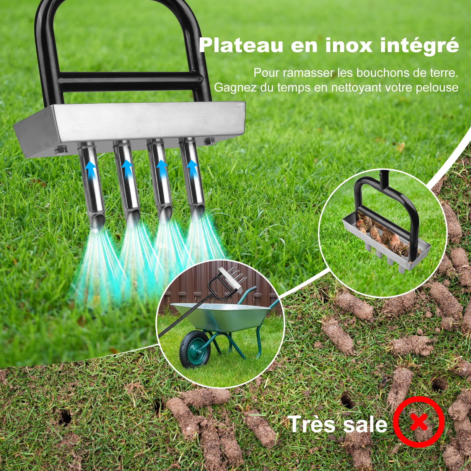 Aérateur de pelouse à 4 trous avec plaque de rangement - Acier au carbone revêtu par pulvérisation + aiguilles creuses en acier inoxydable - Effet levier - Ameublement du sol pour le jardin et