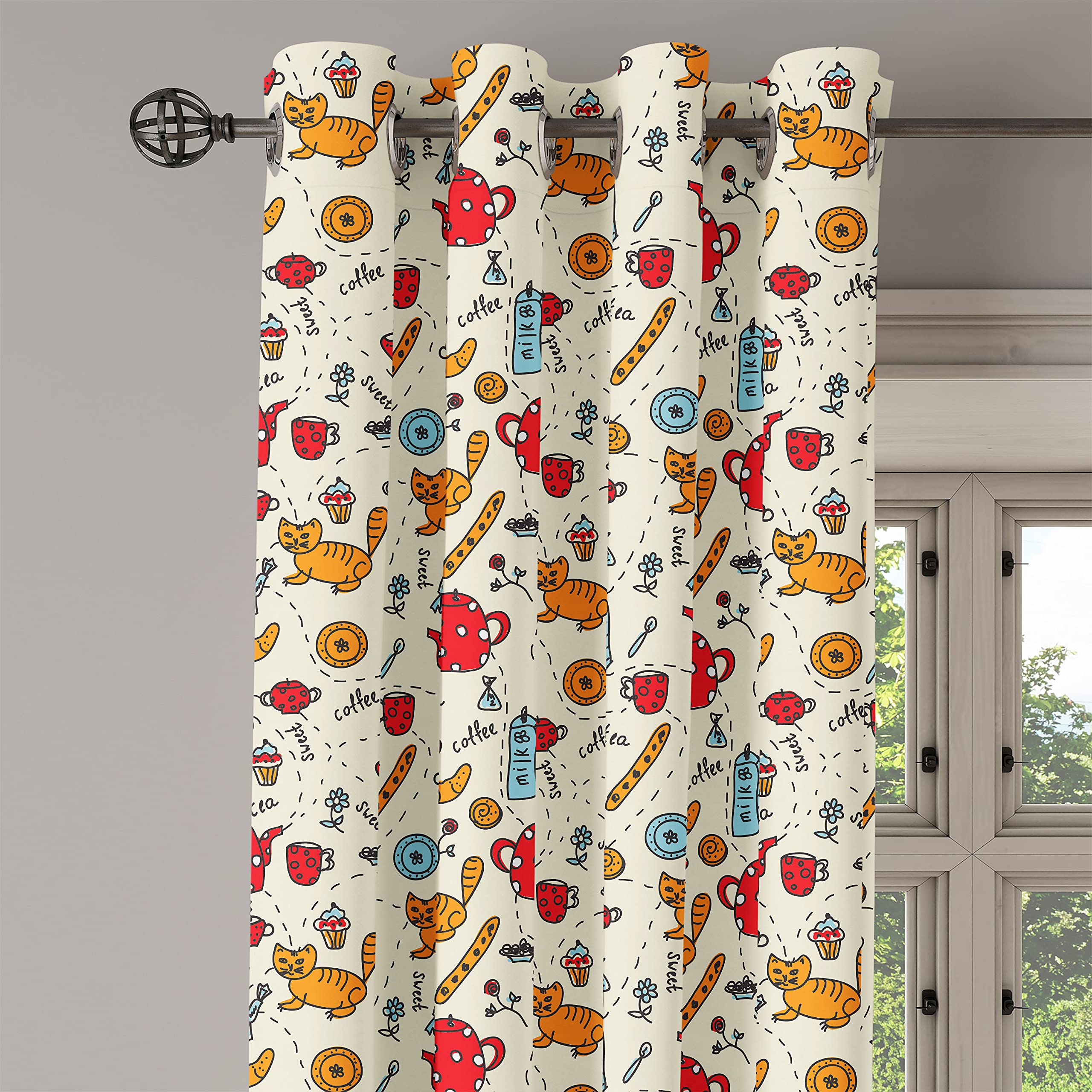 Lunarable Cartoon Grommet Curtain, Cats Tea and Sweets Coffee Muffins Milk and Bread Cartoon Style Doodle Art, Decorative Single Panel Drapes for Bedroom Living Room, 50