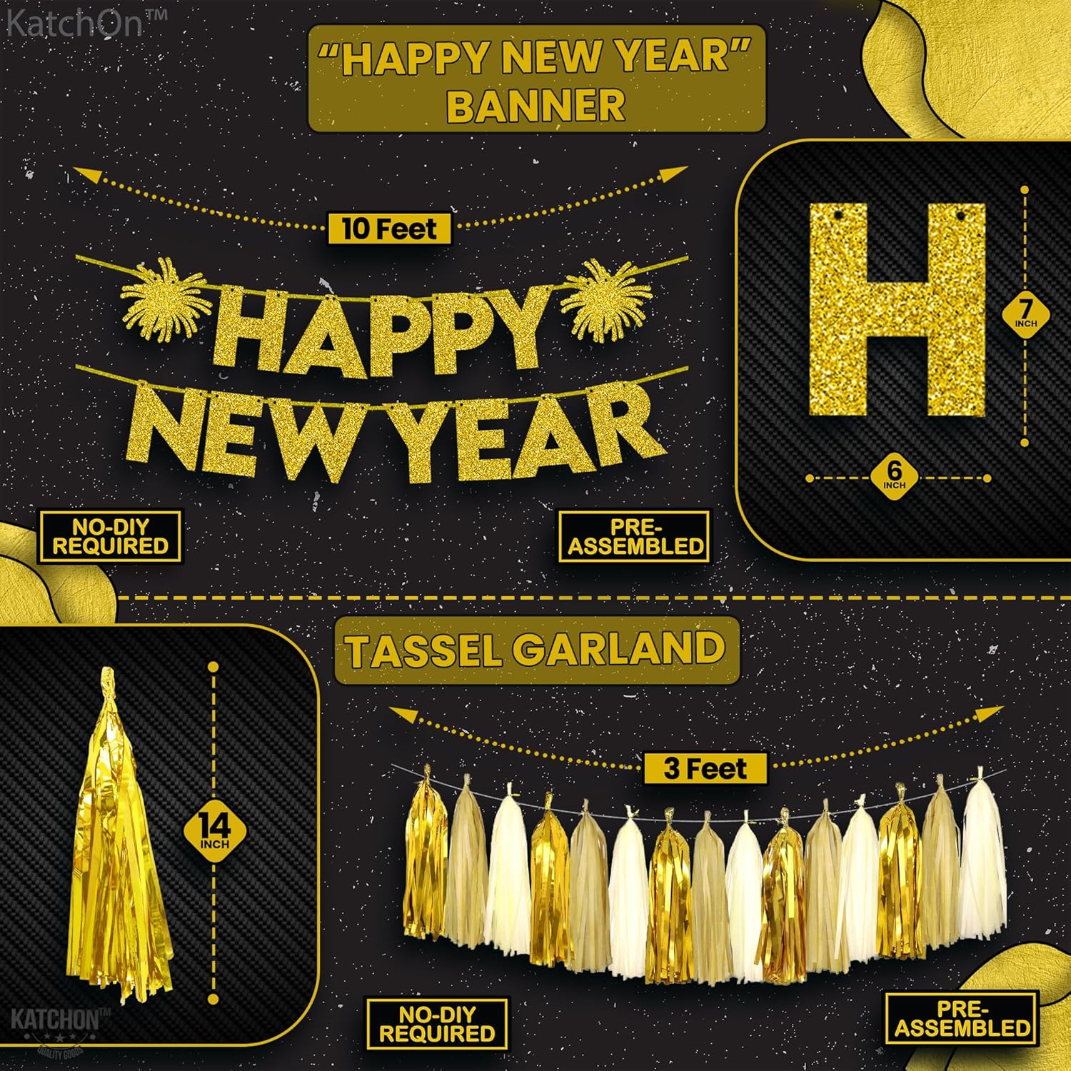 KatchOn, New Year Photo Booth Frame | New Year Balloon Garland Kit | Inflatable New Years Photo Booth Props 2024 | Black and Gold New Years Eve Balloons | Happy New Year Banner | NYE Decorations 2024