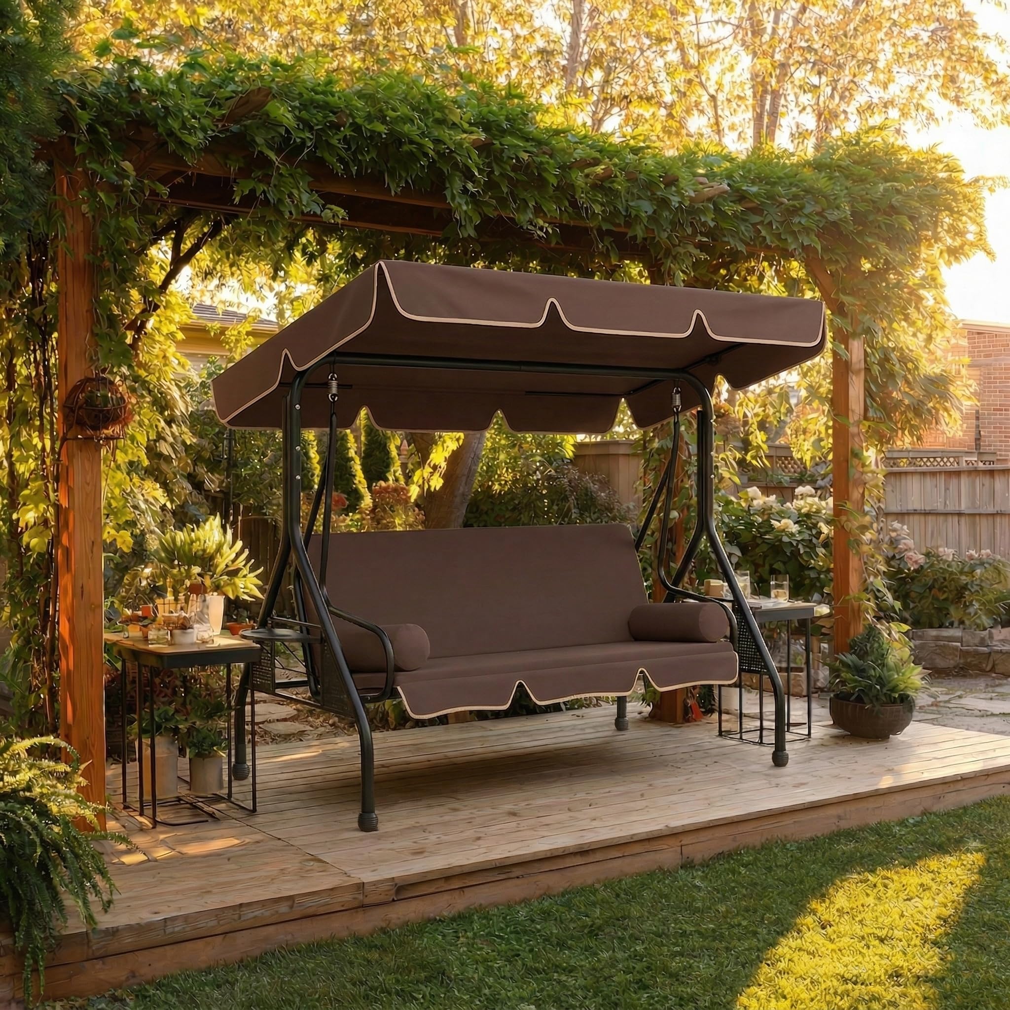 3-Sitzer Hollywoodschaukel 2in1 Sitz- und Liegeschaukel für Garten, verstellbare Liegefunktion mit Sonnendach und gepolsterter Sitzfläche Stahlrahmen bis 350 kg Belastbarkeit, Dunkelbraun