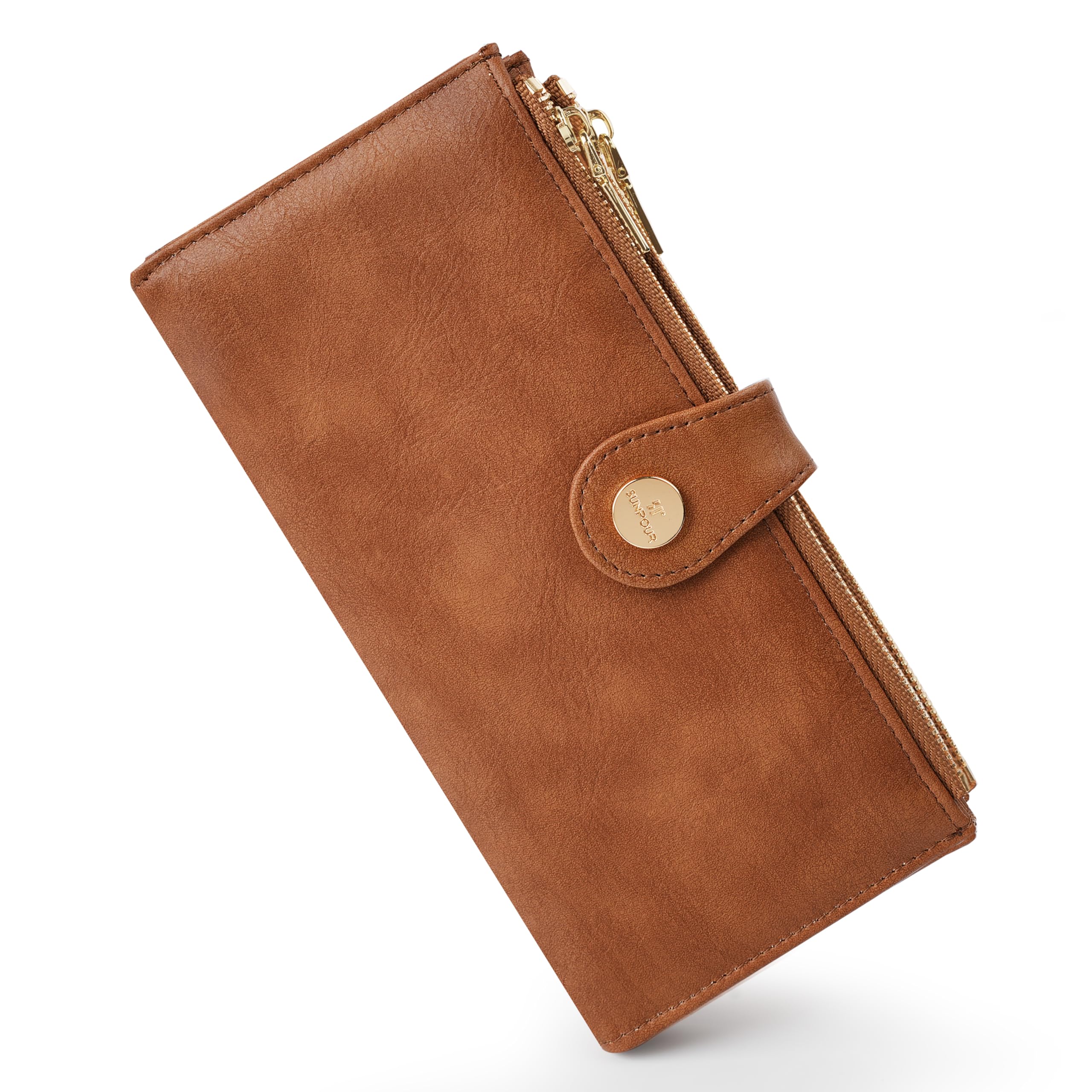 Sunpour Womens Leather Wallet RFID Blocking Slim Bifold Credit Card Holder Travel Wallet with Double Zipper Pocket