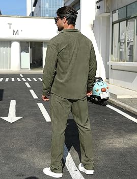 LecGee Mens 2 Pieces Casual Suit Long Sleeve Corduroy Button