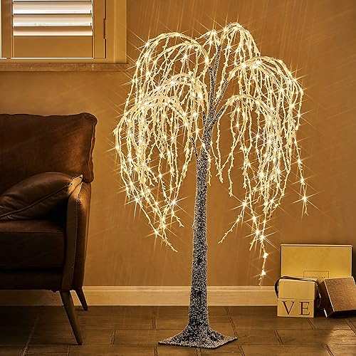 Miniatura 3 de LITBLOOM Árbol de sauce iluminado enchufable 300 luces de hadas de 4 pies árbol flocado con luces para interiores y exteriores decoración navideña