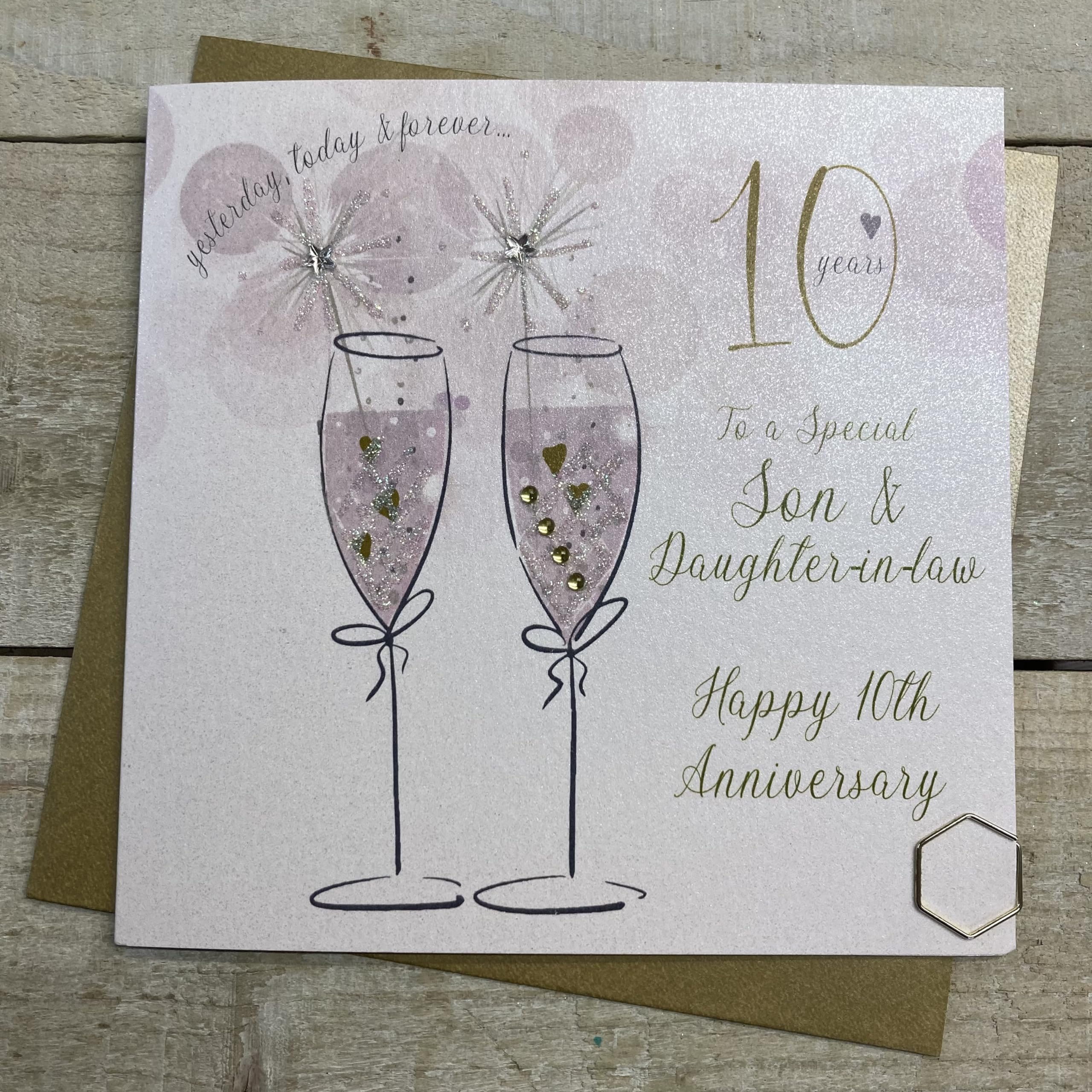 WHITE COTTON CARDS 10TH SON & DAUGHTER-IN-LAW - FLUTES & SPARKLERS ANNIVERSARY CARD, HAND FINISHED (DA10-SD)