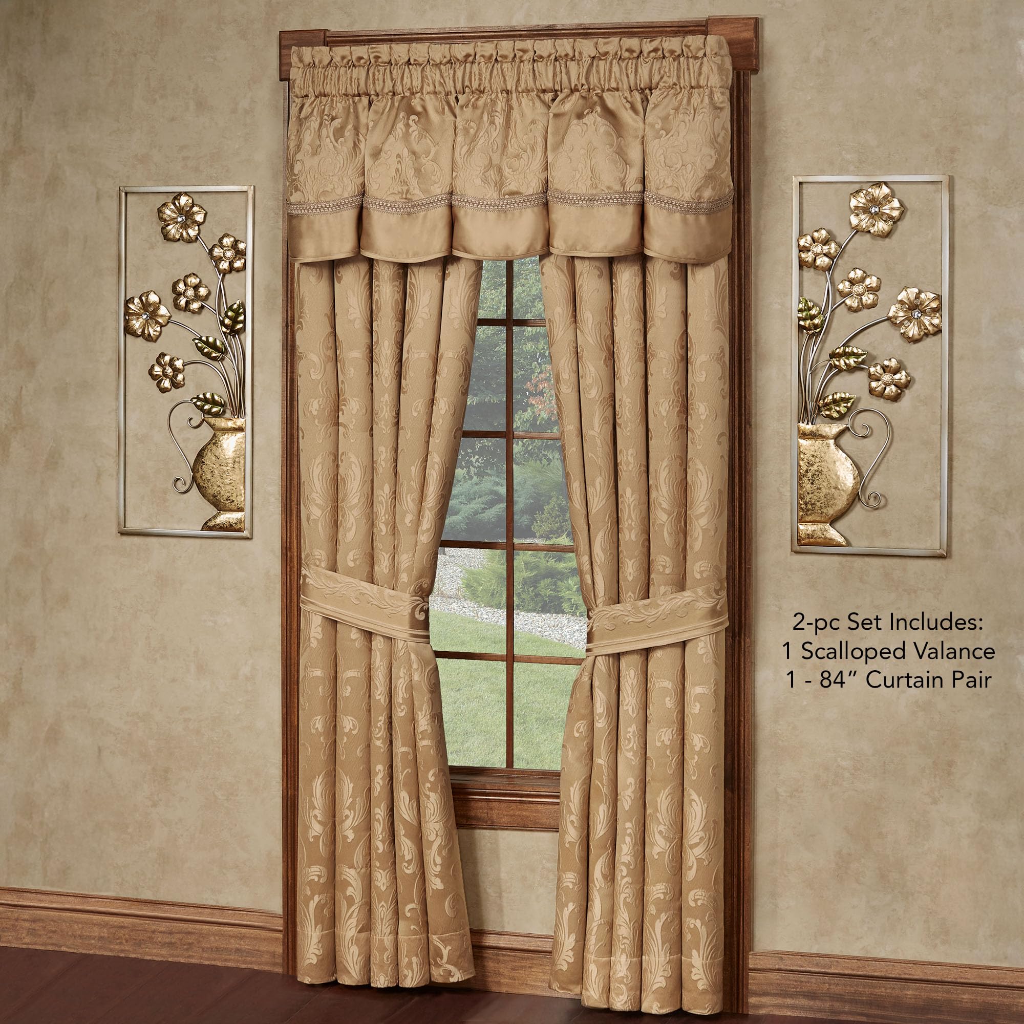 Monaco Classic Luxury Window Treatments | Royal Monochromatic Metallic Gold Hues | Puff Jacquard-Woven Acanthus Damask Designs | Lined, Wide Drapery Set Includes Scalloped Valance & 84L Curtain Pair