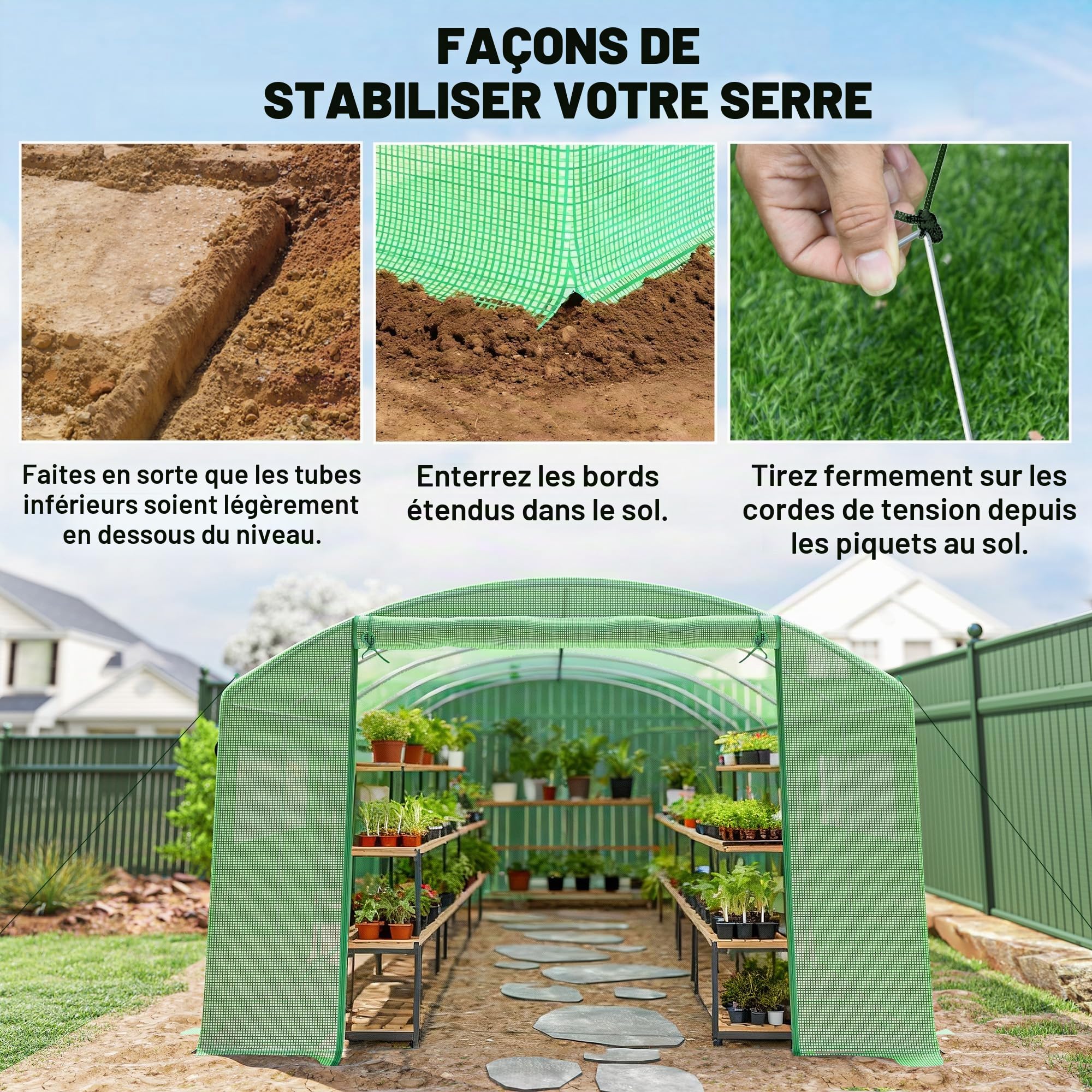 Outsunny Serre d'extérieur 6 x 3 x 2 m, Serre Tunnel avec 3 Portes enroulables, fenêtres en Filet, Couverture PE 140 g/m² Anti-UV et Cadre en Acier galvanisé, pour Cultures, Plantes, Verdure