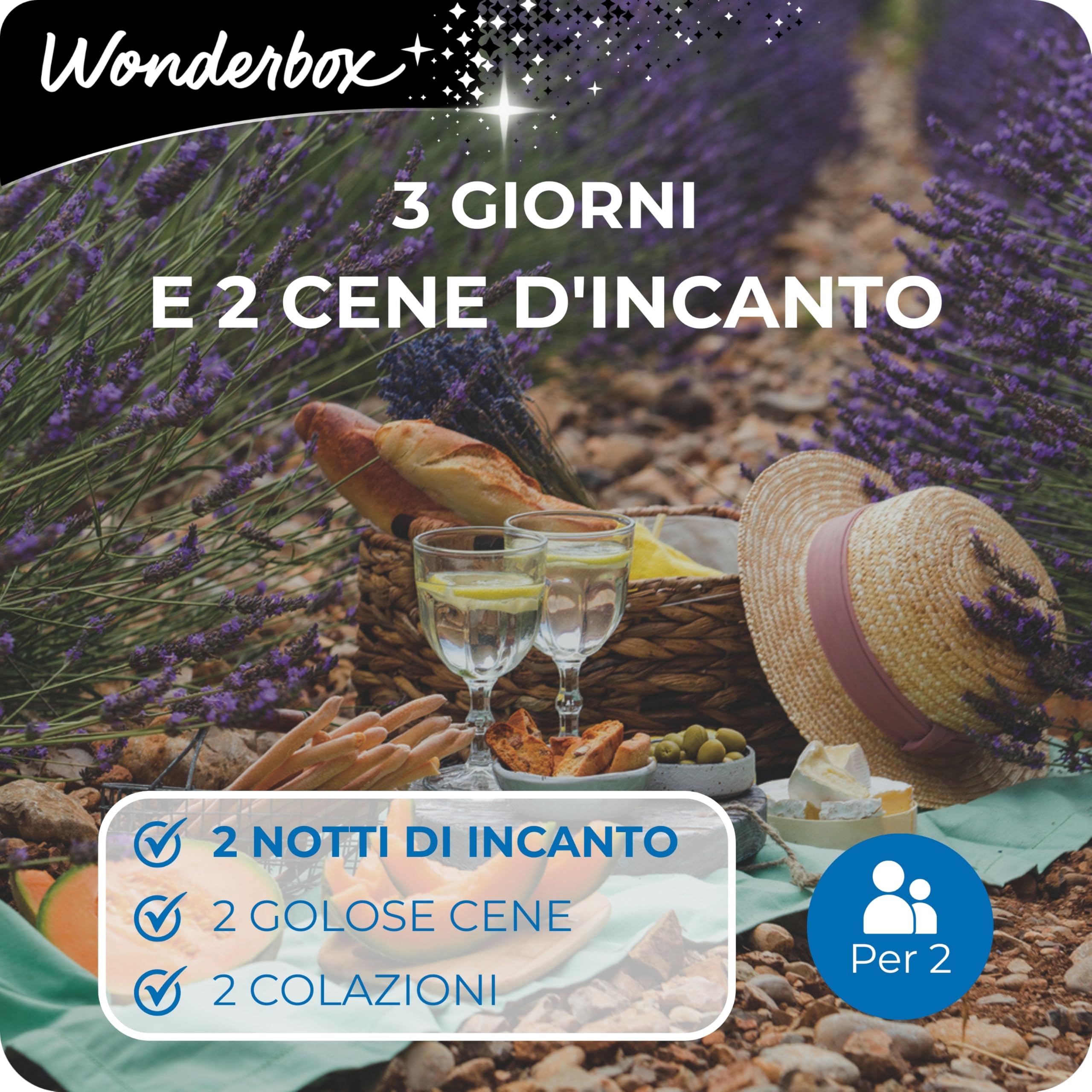 WONDERBOX - Cofanetto Regalo - 3 Giorni e 2 Cene D'Incanto - per 2 Persone | 2 notti + 2 cene + 2 colazioni - Più di 900 soggiorni - Hotel 4* e 3*, agriturismi, ville, masserie